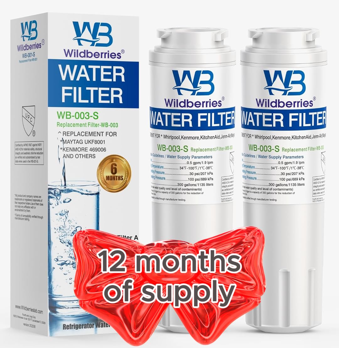 Wildberries UKF8001 Refrigerator Water Filter 4 Replacement for Whirlpool®, EveryDrop® EDR4RXD1, WHR4RXD1, 4396395, WRF535SWHZ00 to WRF535SWHZ10, WRF555SDFZ00 to WRF555SDFZ15, FMM-2, 46-9006, 2-PACK