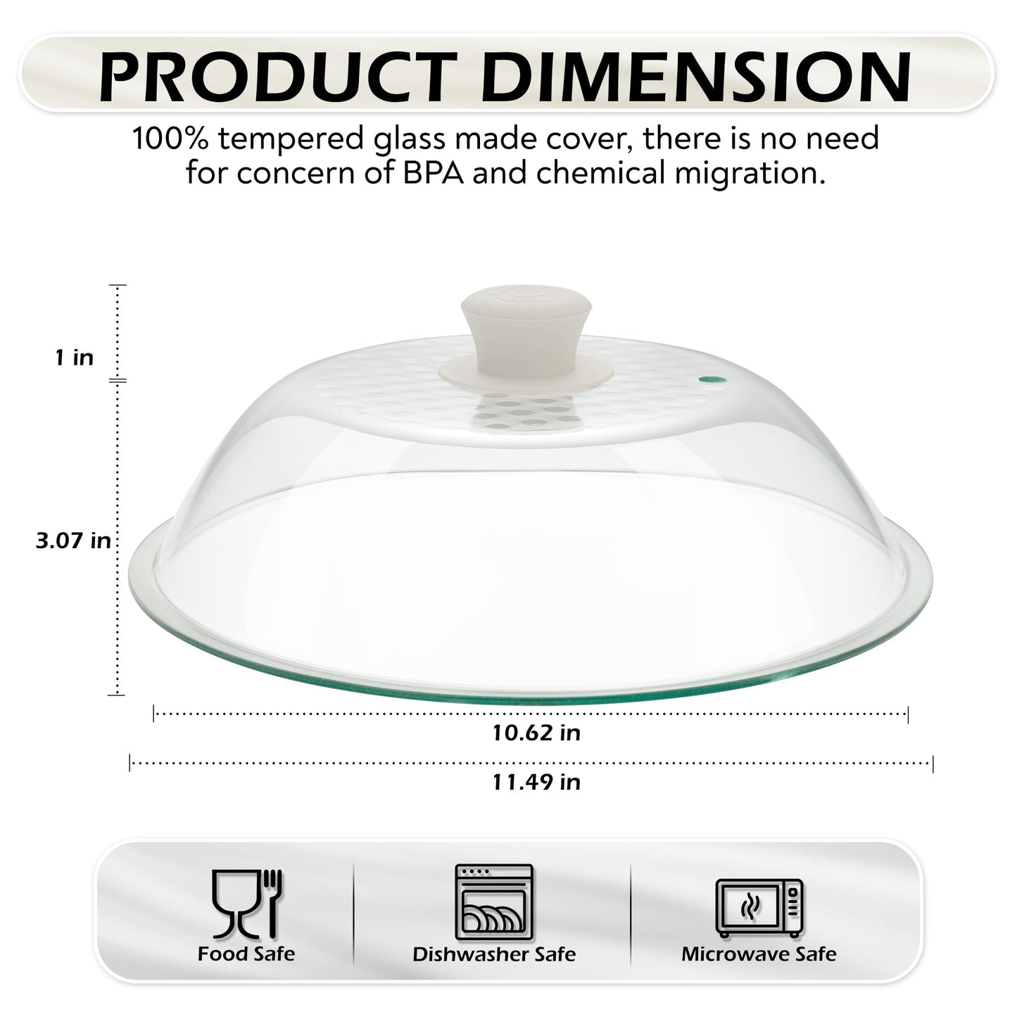 OEC Lighter Weight Tempered Glass Microwave Splatter Cover - 11.5 inch (Inner Diameter 10.6”) - Heat-Resistant -Durable Glass Lid with Vent, Silicone Knob, Dishwasher Safe, 100% Food Grade - BPA Free