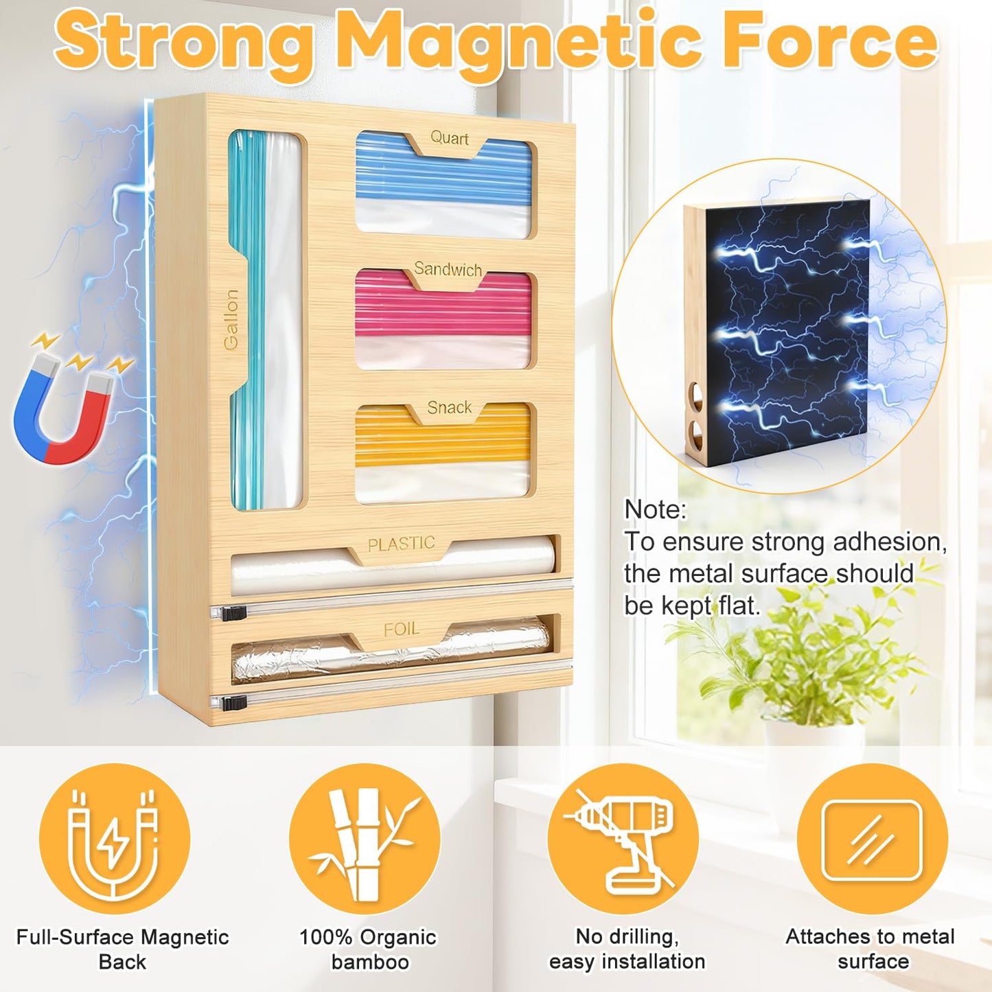 BSHSPX Magnetic Storage Bag Organizer 6 In 1 Ziplock Bag Organizer for Fridge and Drawer, Foil and Plastic Wrap Organizers with Cutter, Food Storage Bags Organizers for Gallon Quart Sandwich Snack