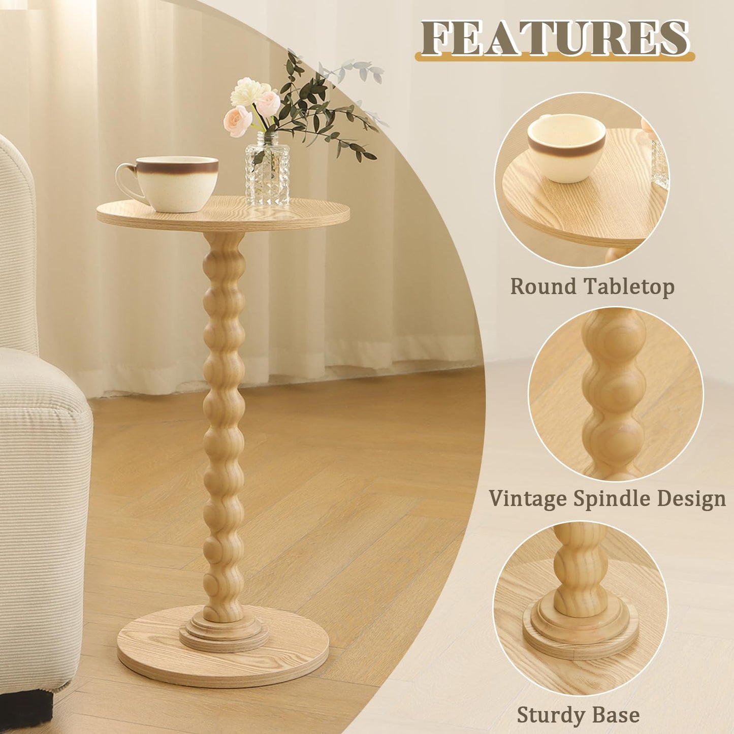 Fultyle Round Side Table, Small Drink Table for Small Spaces, Modern Accent End Table with Solid Wood Leg for Living Room, Bedroom, Corners, and Office (Natural)