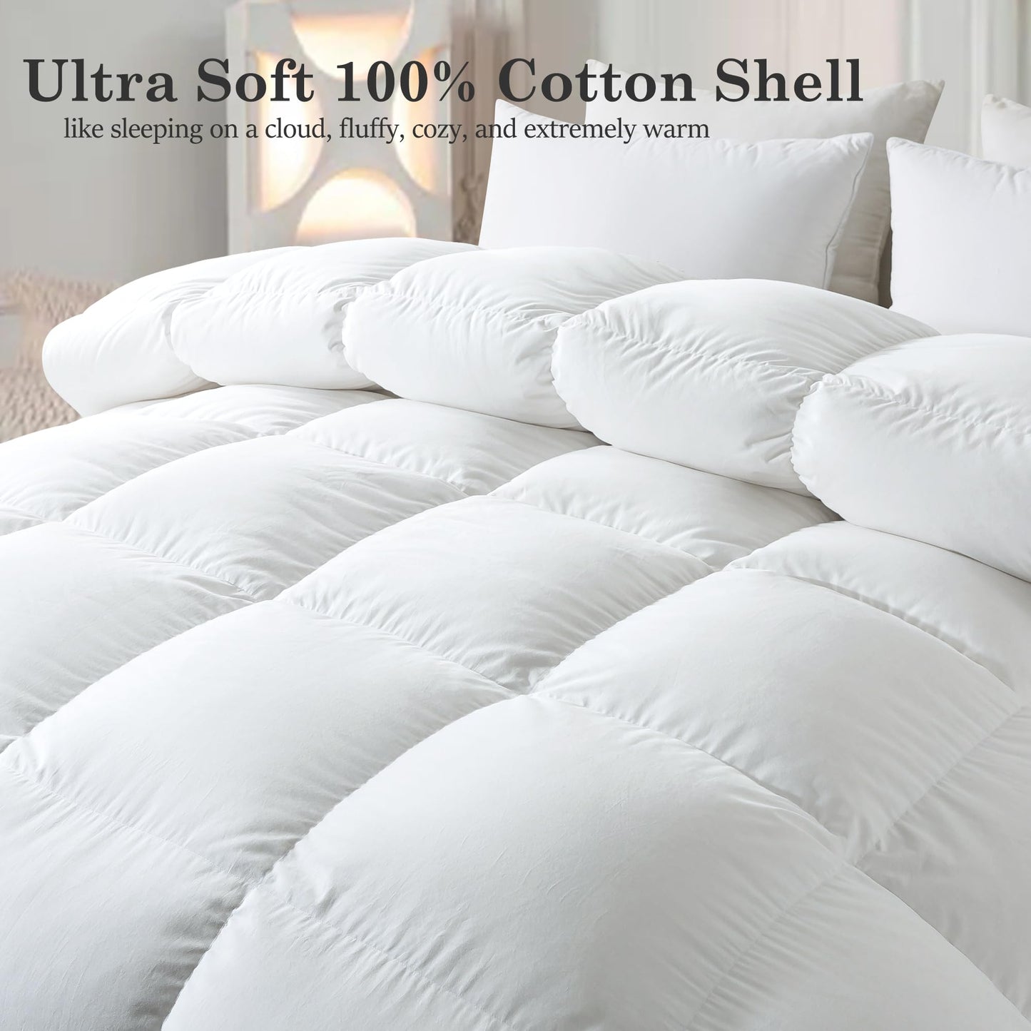 ELNIDO QUEEN® Feather Comforter Queen Size, Filled with Feather and Downfiber, All Season White Luxury Hotel Fluffy Bed Comforter, Ultra Soft 100% Cotton Duvet Insert, 90x90 Inch