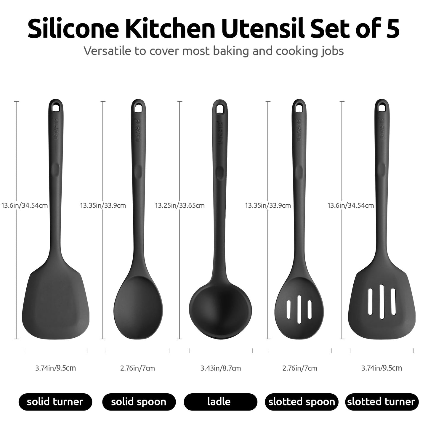 Silicone Kitchen Cooking Utensil Set: U-Taste High Heat Resistant 13.6in Long Kitchen Gadgets, BPA Free Non Stick Rubber Cook Accessories For Stir Frying, Serving, Basting, Mixing (5 Pieces, Black)