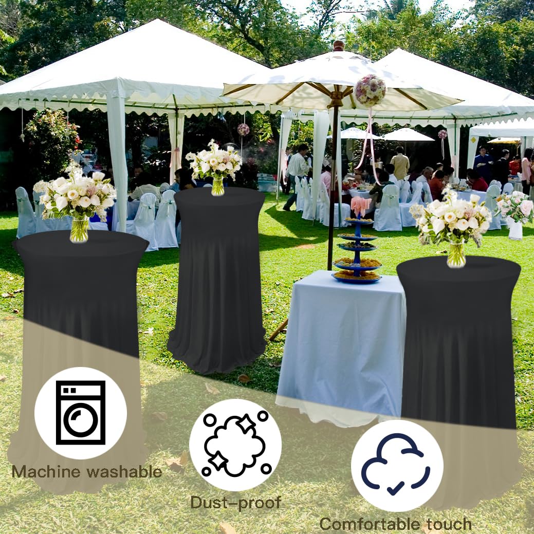 5 Pack Round Spandex Cocktail Table Tablecloths with Skirt, 32 x 43 Inch Black Stretch High Top Cocktail Table Covers Table Skirts Stretch Fitted Round Cocktail Table Cloths for Wedding Party Banquet