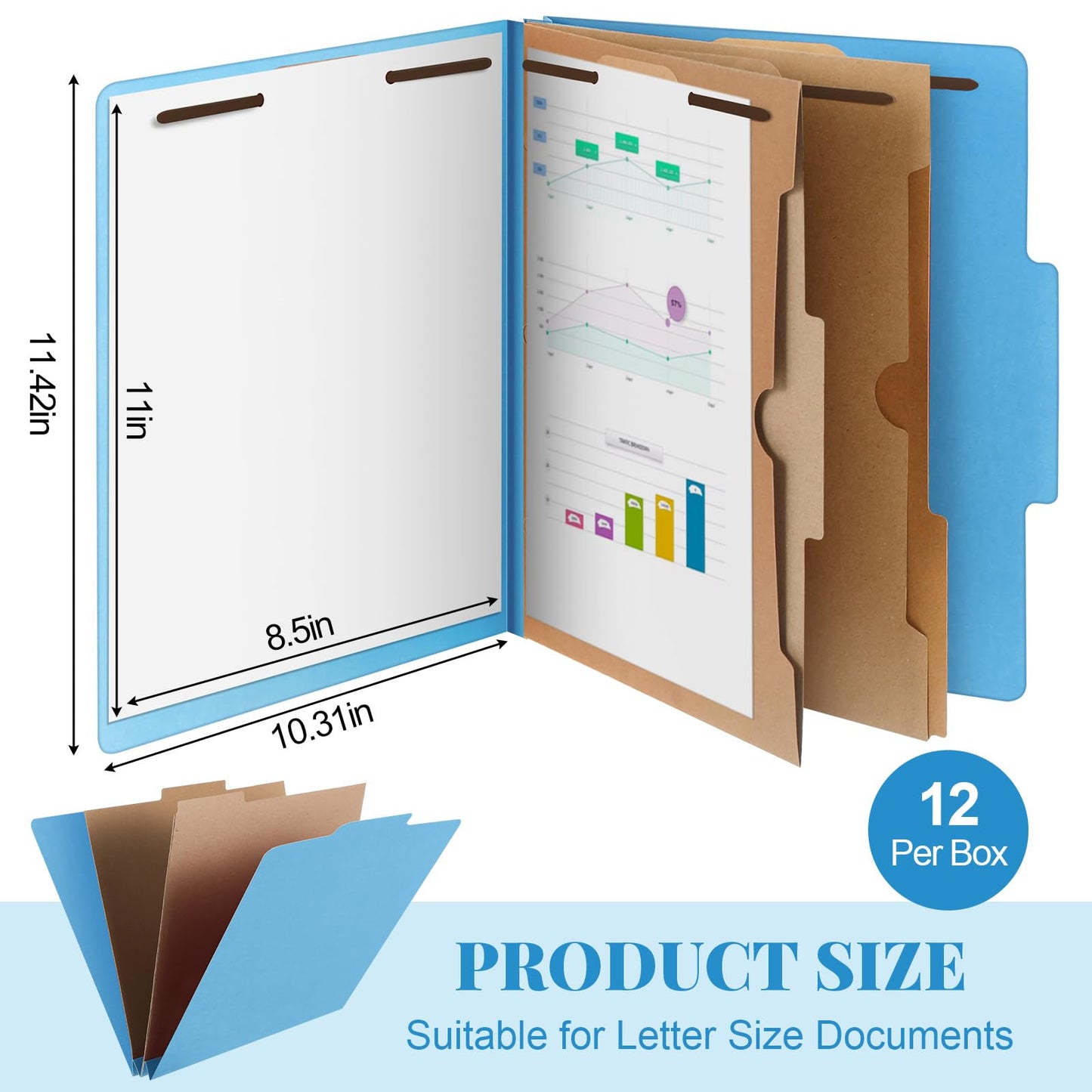 Skyygemm 12 Pcs Classification Folders Letter Size, 2 Pocket Dividers Pressboard File Folder with Fasteners, Expanding File Organizer Bulk for Documents, Projects, Reports, School Teacher (Blue)