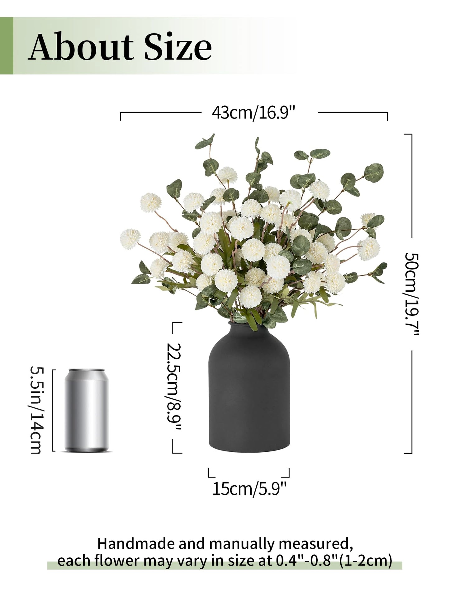 BLOSMON Fake Flowers in Vase for Centerpieces: Metal Vase with 12 Stems of Artificial Mums Kiku Flowers Eucalyptuses Dining Table Decor - White Faux Silk Pom Poms Floral Arrangements for Home Indoor
