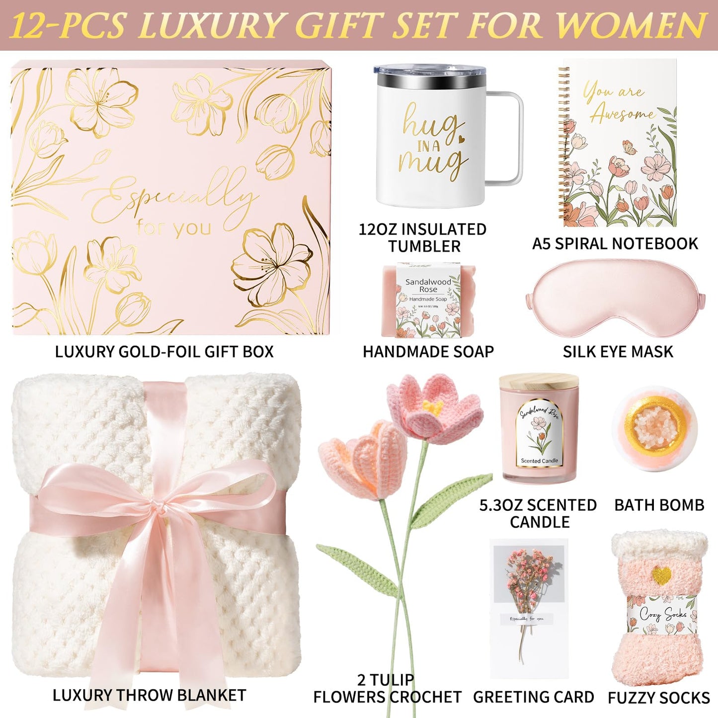 Birthday Gifts for Women Self Care Package, Get Well Soon Gift Baskets for Women Spa Gifts Set, Unique Christmas Thinking of You Inspirational Sympathy Gift Baskets for Mom Her Wife Best Friend Sister