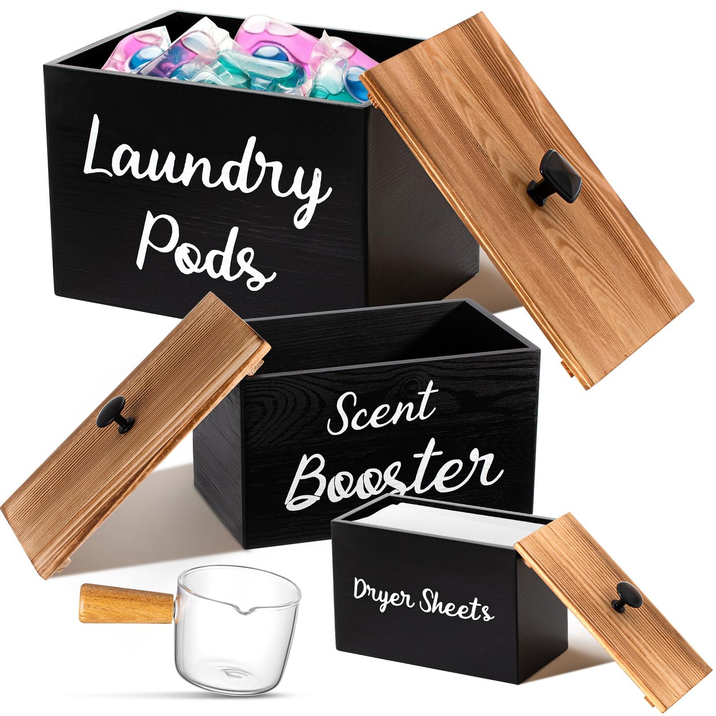 Dandat 3 Pcs Wood Laundry Pods Container Farmhouse Decoration Laundry Room Organization and Storage, Rustic Dryer Sheet Holder Scent Booster Container Set with Scoop(Black)