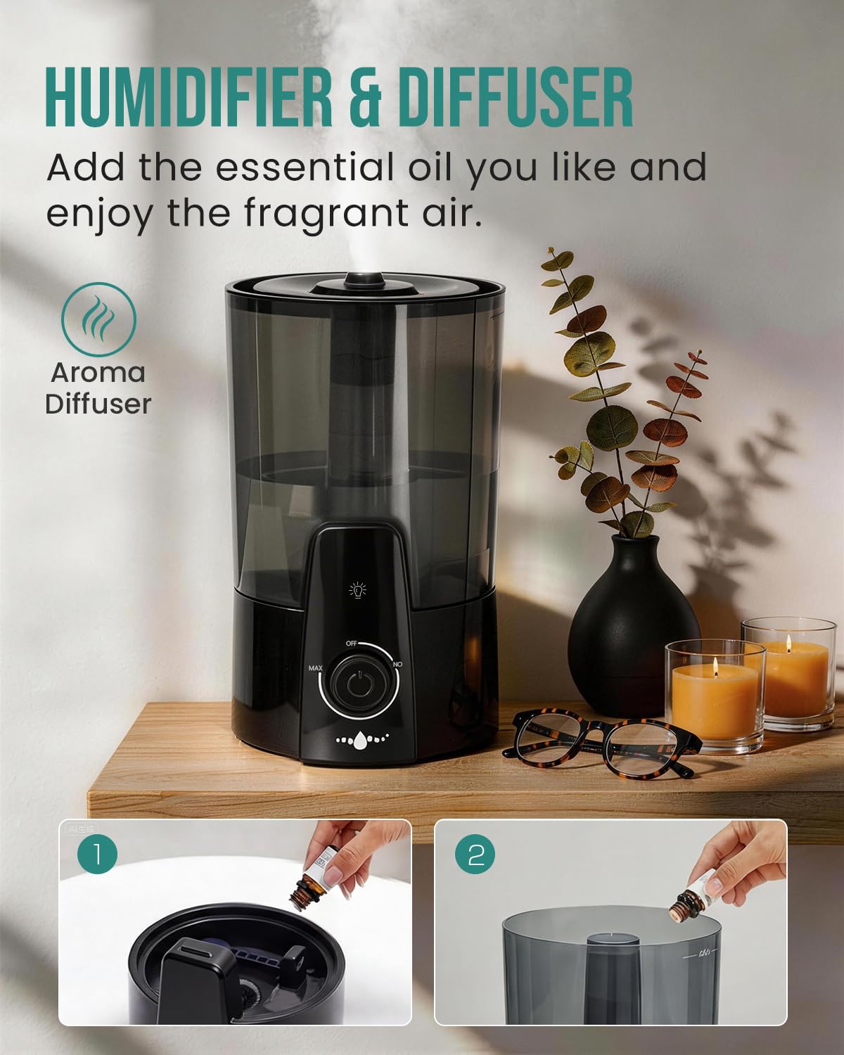 Kaxidol Humidifiers for Bedroom,1.06Gal(4L) Dishwasher Safe Design Easy to Clean, 3-in-1 Humidifier & Aroma Diffuser & Night Light,Top Fill,360° Ultra-Fine Spray,Auto Shut-Off,Home,Baby Nursery,Black