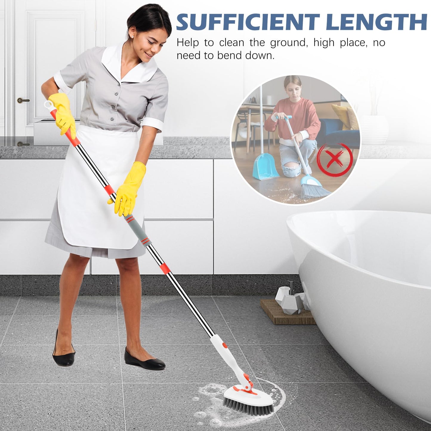 SetSail 4-in-1 Tile Tub Floor Scrubber with 52-inch Adjustable Long Handle Shower Cleaner Brush with V-Shaped Grout Brush and 3 Replacement Brush Heads for Cleaning Bathroom Kitchen Walls Tub Tile