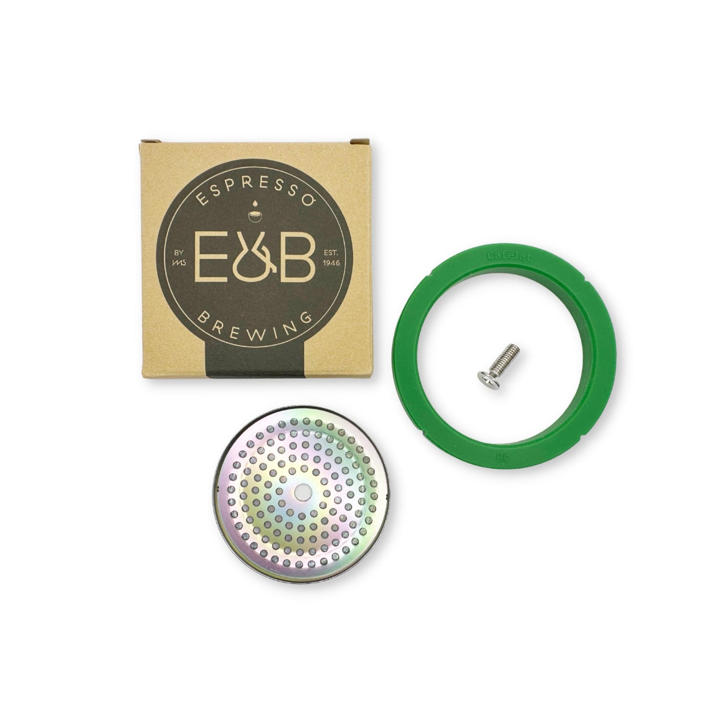 Custom Tune Up Kit 3in1 for Rancilio Silvia. IMS Nanotech Reinforced Screen SRT200NT, Cafelat Gasket - Green, Flat Screw
