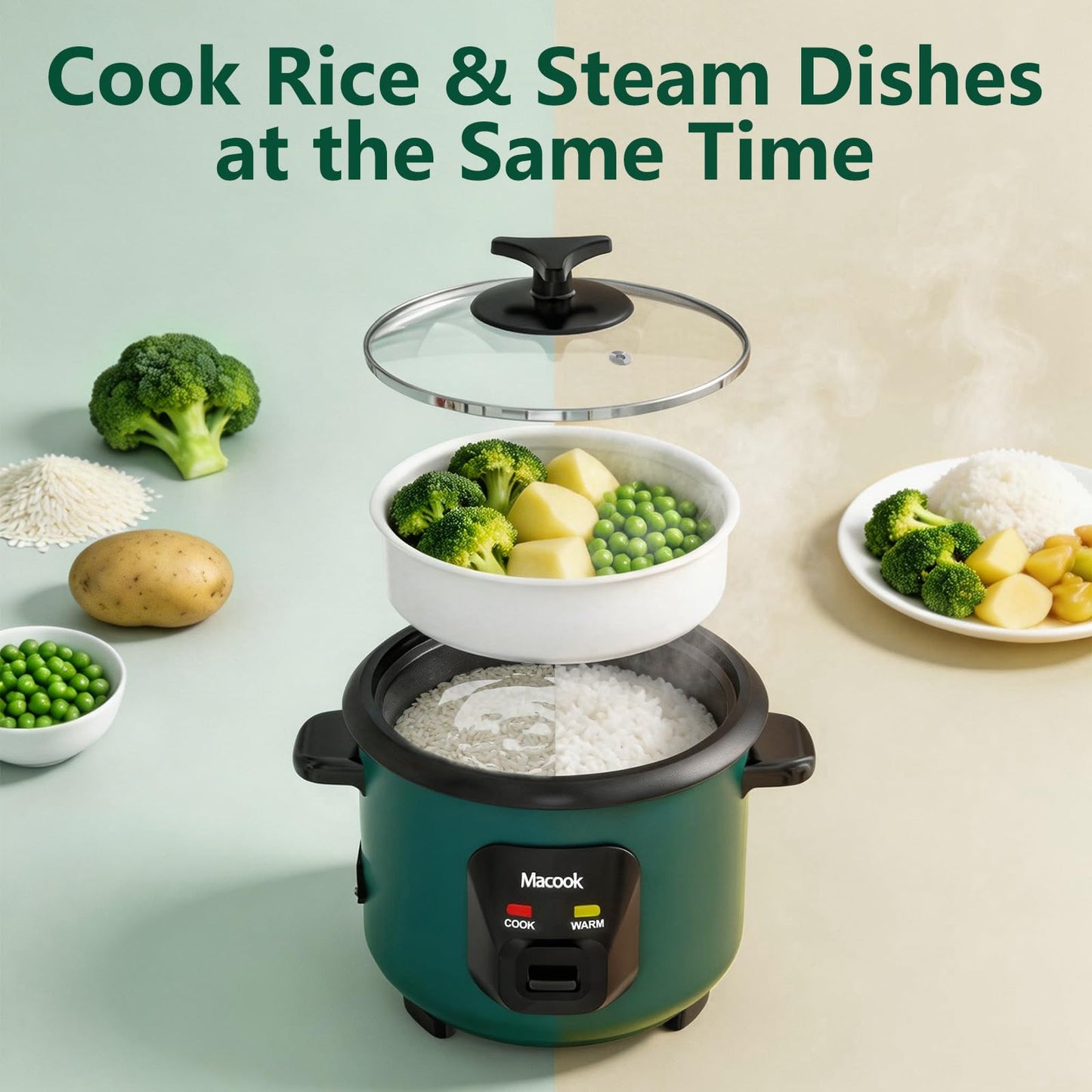 Macook Mini Rice Cooker | 6-Cup (0.6L) Small Rice Maker | One-Button Operation | Non-Stick Inner Pot | Automatic Keep Warm & Overheat-Proof | for 1-6 People, Students & Small Families (Green)
