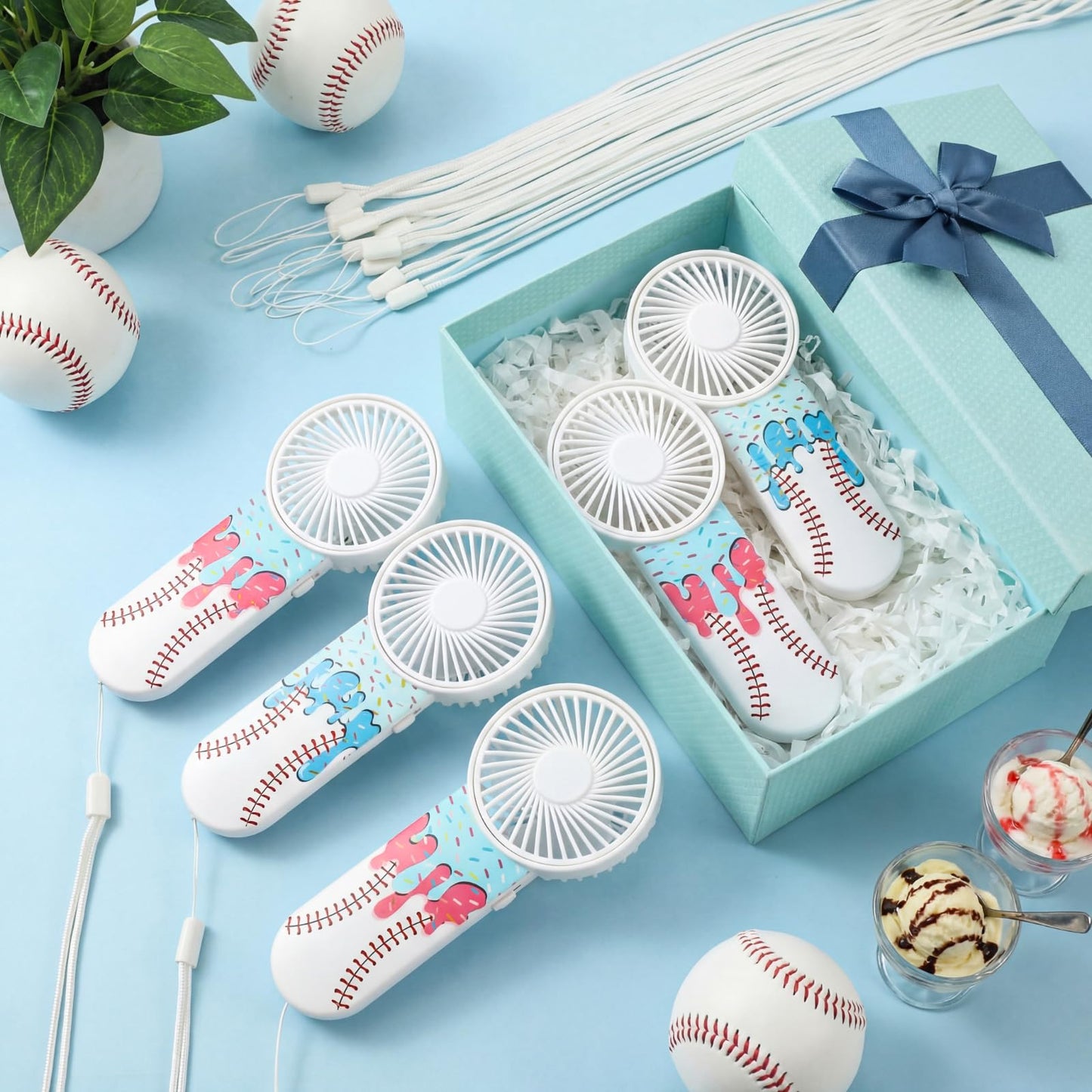 Honoson 12 Pcs Mini Portable Baseball Ice Cream Drip Fan Bulk Small Personal Handheld Fan with Lanyard for Team Gift Game Outdoor Sport Party Favors, Battery Not Include(Pink and Blue)