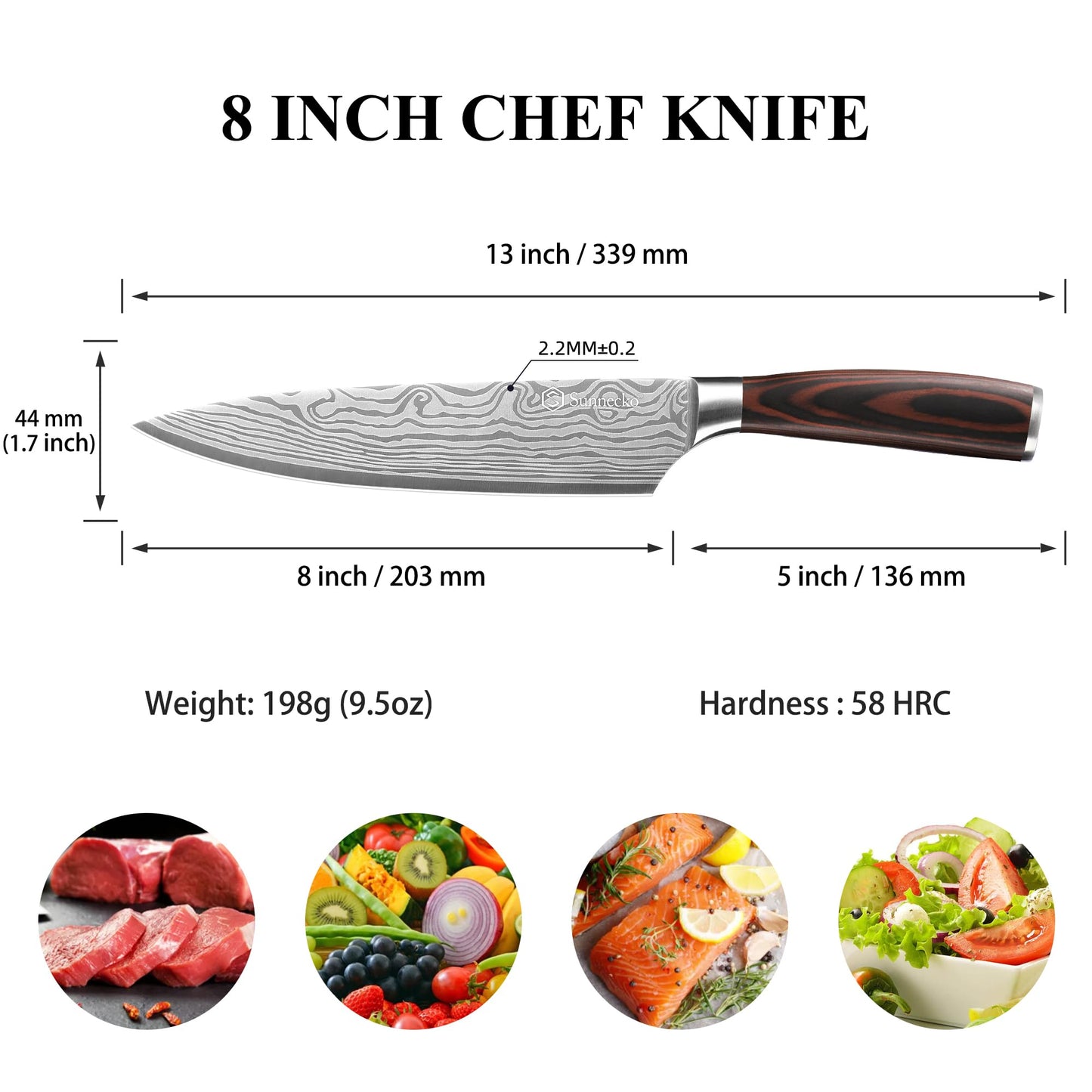 Sunnecko 8 Inch Chef Knife - Ultra Sharp 12-15 Degree Edge Kitchen Knife for Meat Vegetable Cutting Japanese Style, High Carbon Stainless Steel Blade, Pakkawood Handle &Sheath, Cooking Father Day Gift