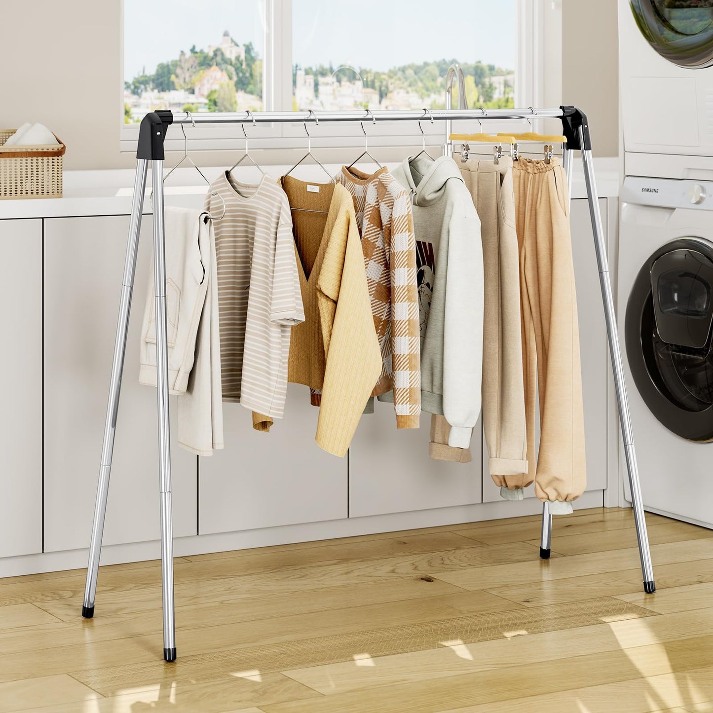 Clothes Drying Rack, Foldable Drying Rack Clothing, Stainless Steel Laundry Rack, Free-Standing, Indoor Outdoor Use with Travel Friendly Design, Collapsible for Home, Camping, Theater, RV Use, Black