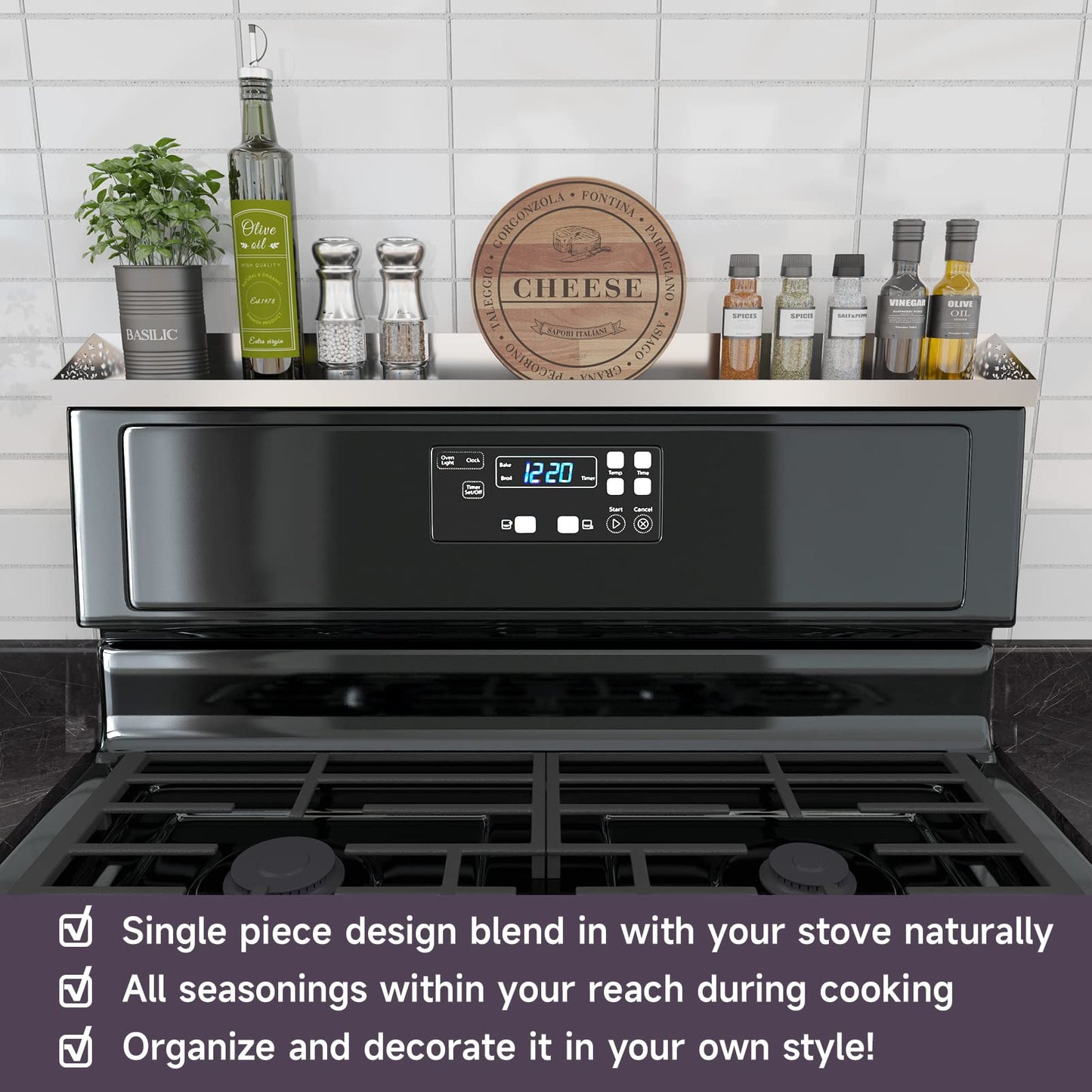 STUTOV 30" Magnetic Stove Top Shelf – Stainless Steel Spice Rack and Seasoning Organizer – Kitchen Shelf for Back of Stove – Over Stove Rack and Storage Organizer