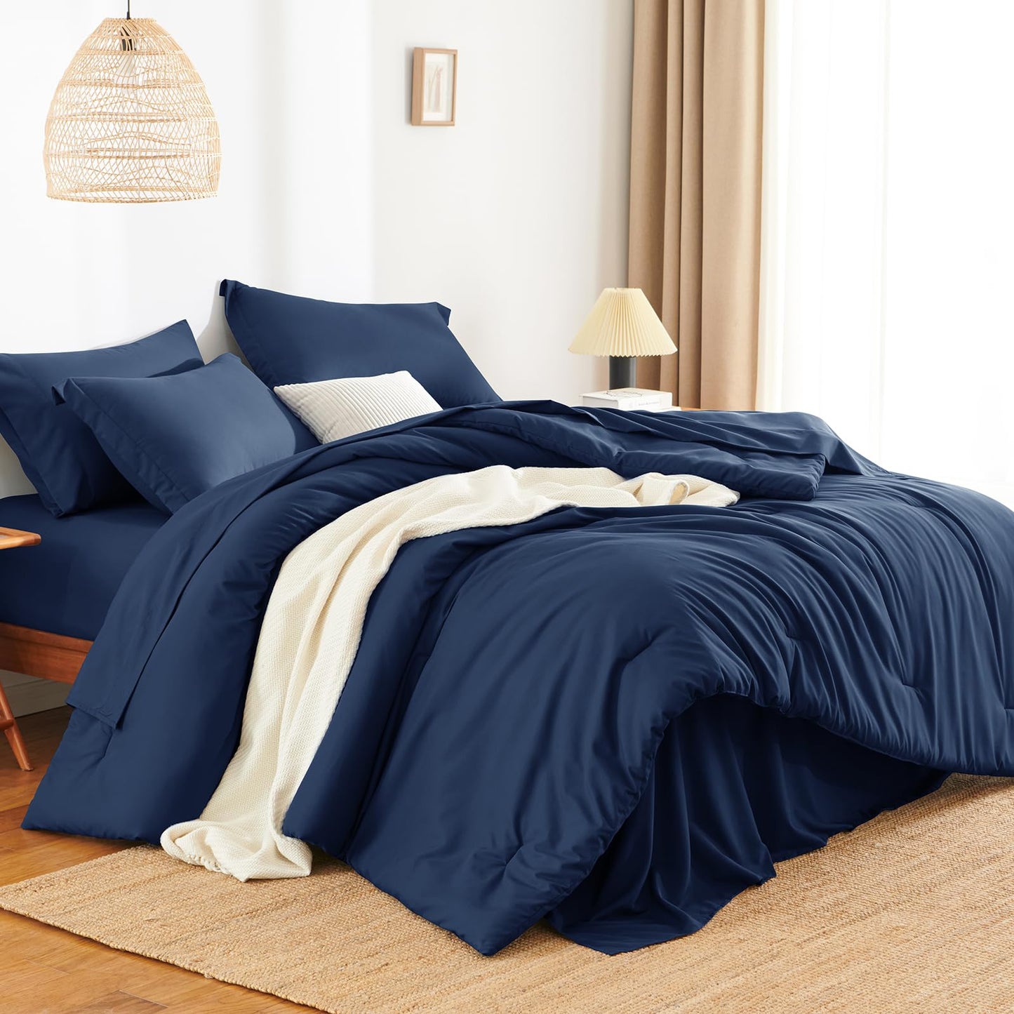 HIMEET Queen Comforter Set - 7 Pieces Bed in a Bag Queen Size, Luxury Comforter Set with Sheets for All Season, Bed Set with Comforter, Flat Sheet, Fitted Sheet, Pillowcases & Shams, Navy Blue