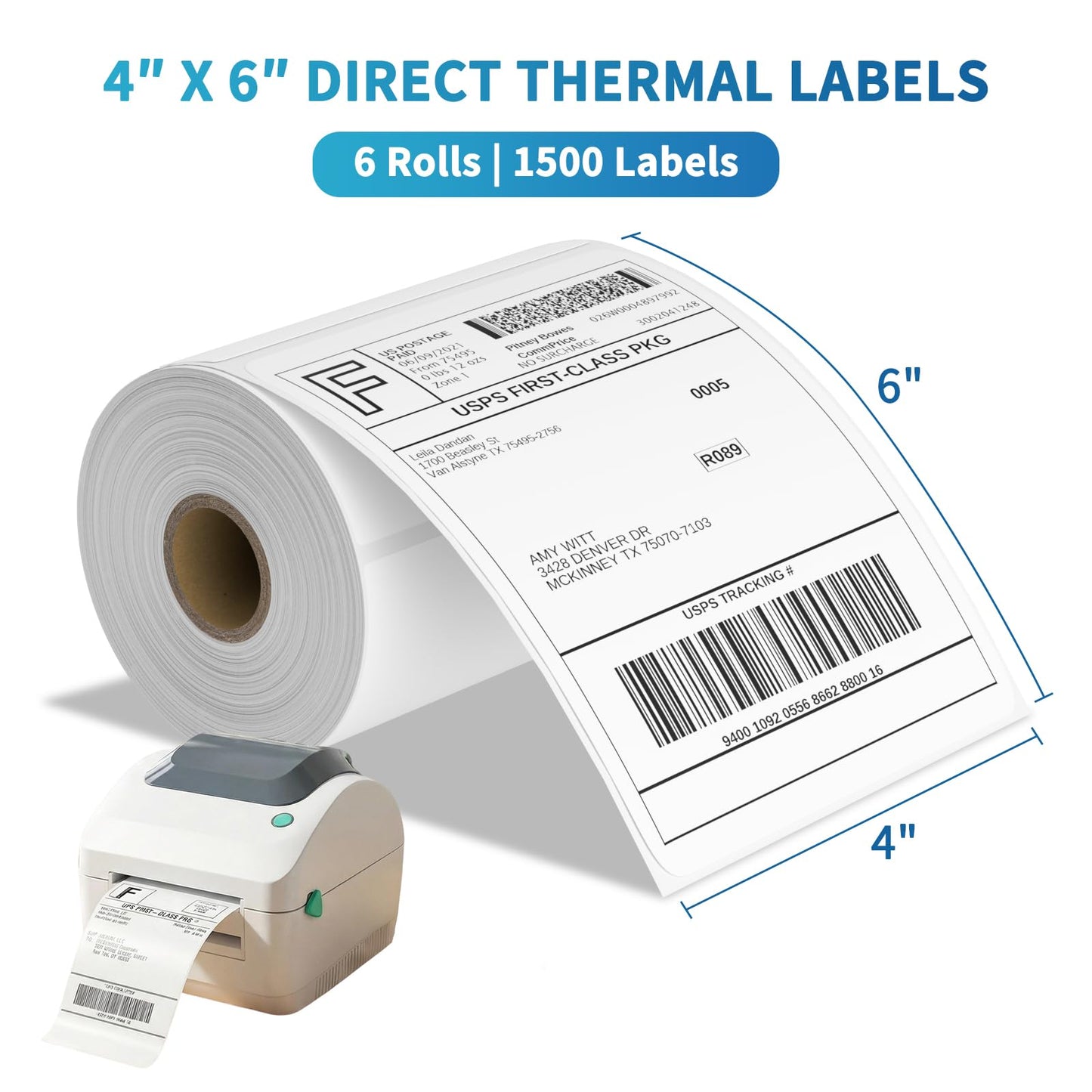 9527 Product 4x6 Blank Direct Thermal Shipping Labels for Zebra 2844 Zp-450 Zp-500 Zp-505 Direct Thermal Labels Printers, Eltron Printer, 250 Labels per Roll,Total 6 Rolls 1500 Labels
