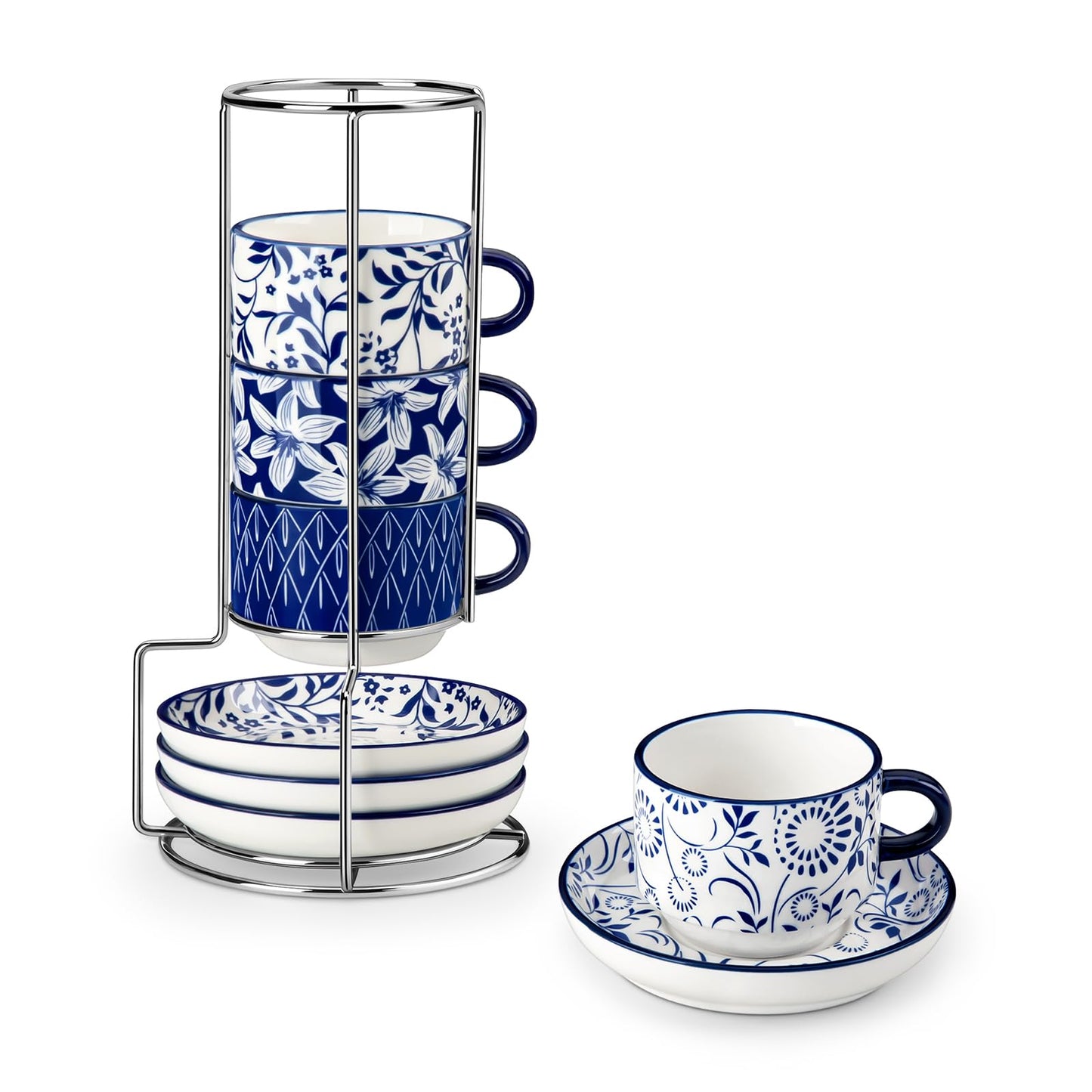 vancasso 4OZ Stackable Espresso Cups with Saucers, Porcelain Cappuccino Cups Set of 4, Coffee Cups Set with Metal Stand for Specialty Coffee Drinks, Great gift, Series SELENE (Vintage Blue, 4 Ounce)