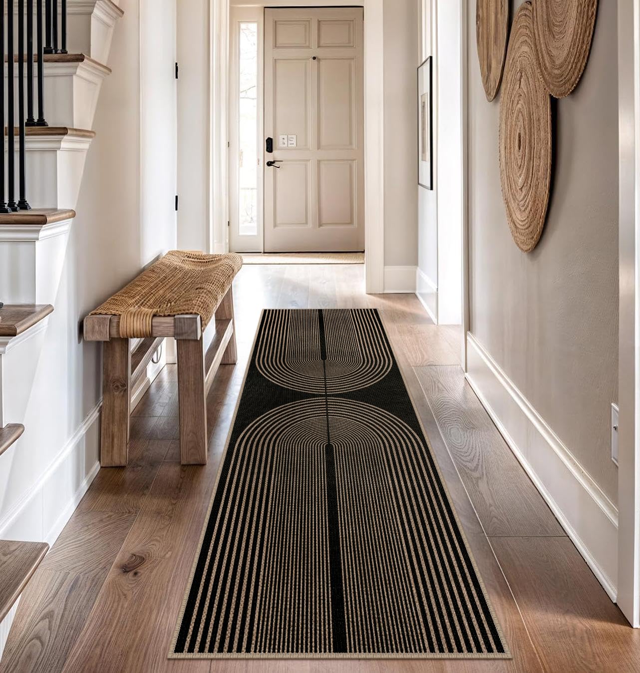 Rugalia Easy Jute Rainbow Runner Rug, 2.6x8 Black Washable Rugs Runner for Hallway Non-Slip Boho Farmhouse Kitchen Runner Rug, Modern Abstract Indoor Outdoor Carpet for Porch Laundry Entryway