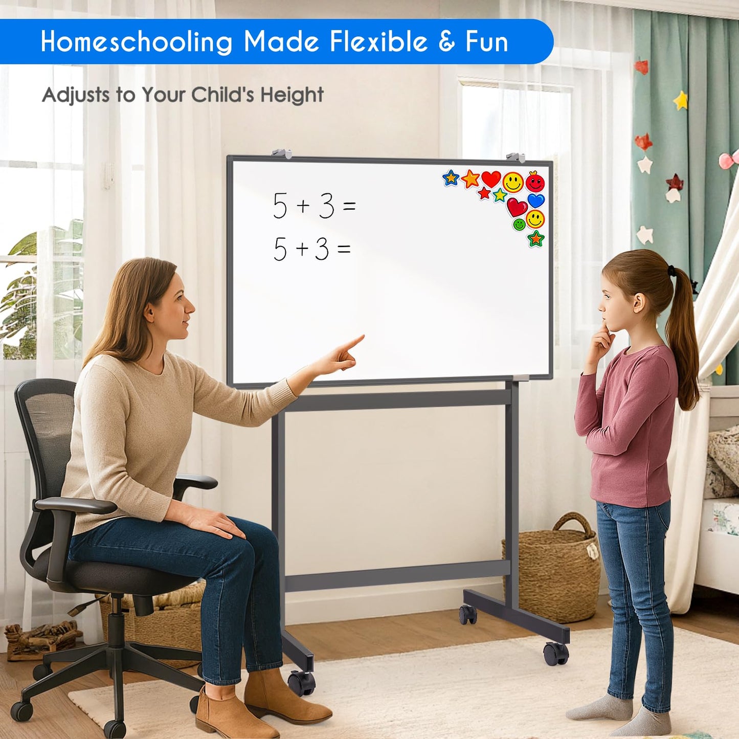 Maxtek Mobile Whiteboard Stand with Wheels, Height Adjustable No Drill Needed Dry Erase Board Easel Stand for Classroom, Office, Home & School, Whiteboard Stand Only（Black）