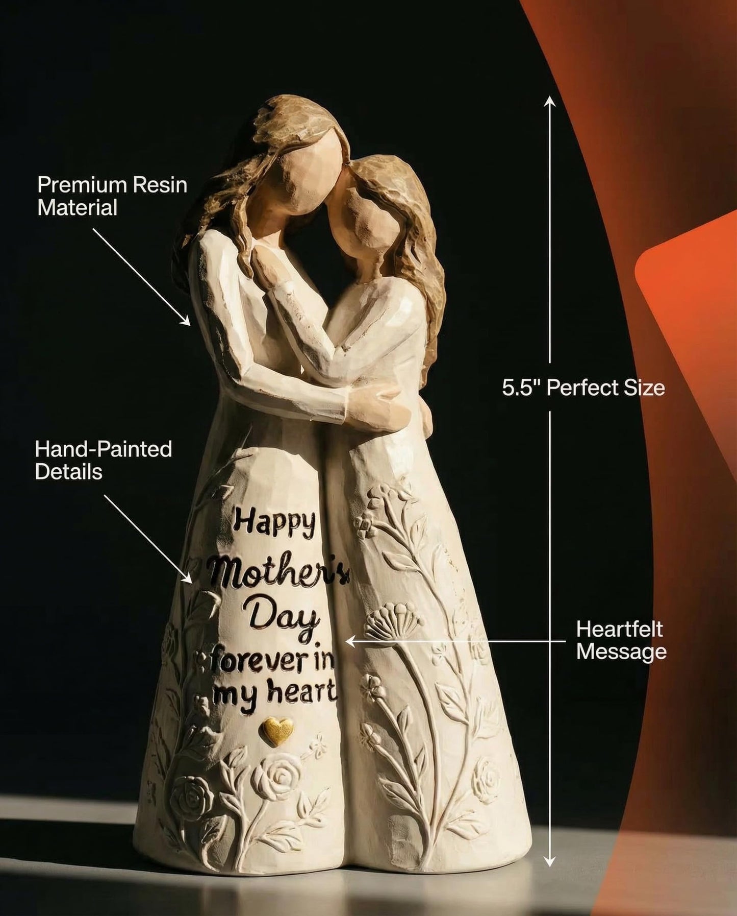iStatue Best Gift for Mom from Daughter, Hand-Painted Mother and Daughter Figurine - Happy Mother’s Day Forever in My Heart Resin Statue Heartwarming Birthday Gift, Home Decor (Beige)