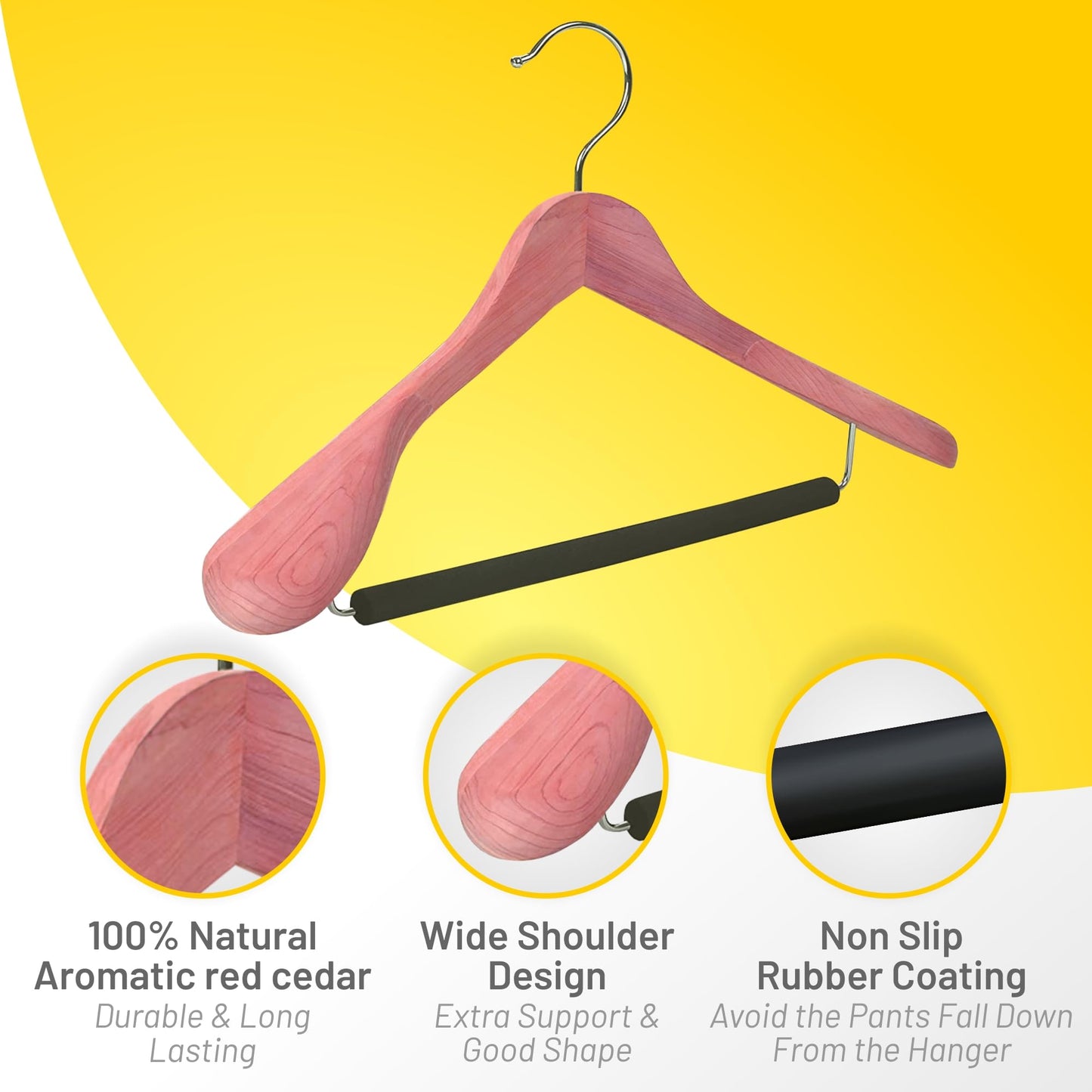 HARDW Cedar Hangers for Closet - 5 Pack Extra Wide Wooden Hangers for Suits, Coat, Dress, Jacket, Clothes Storage - Non Slip Foam Padded Pant Bar with 360° Swivel Hook, Aromatic American Cedar Wood