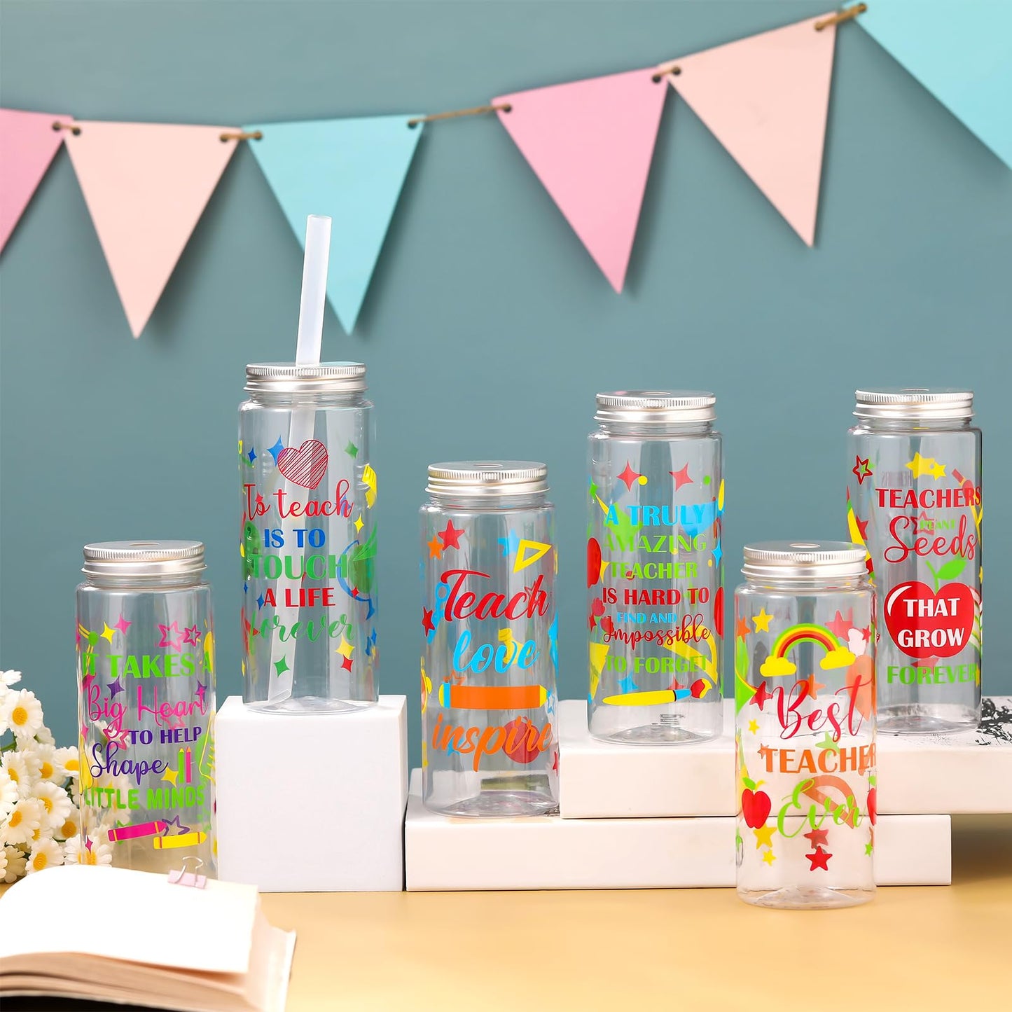 Ziliny 36 Pcs Teacher Appreciation Gift Teacher Cups Bulk 14.2oz Thank You Cups with Lid and Straw Inspirational Cold Drinking Cup for Coworker Stuff