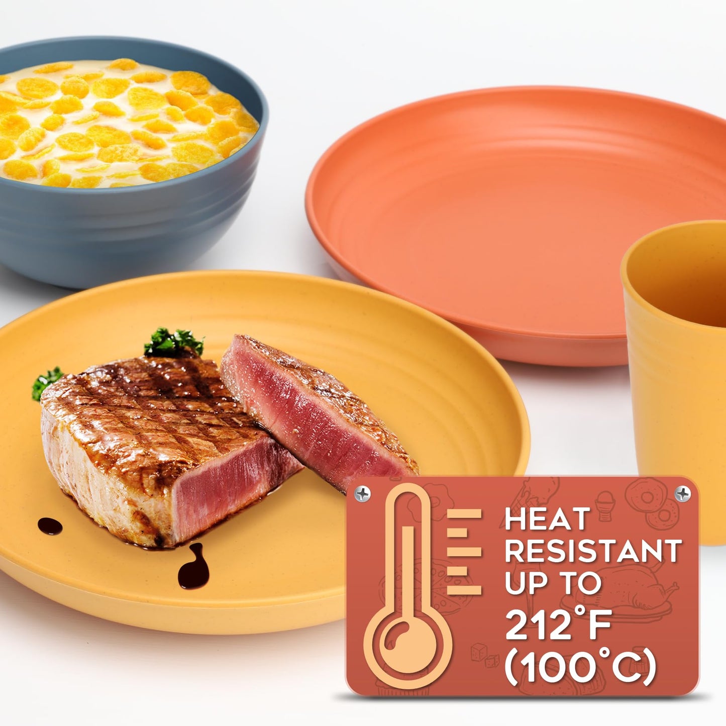 HOTEC 24-Pack Unbreakable Kitchen Plastic Wheat Straw Dinnerware Set – BPA-Free Plates, Bowls & Cups | Lightweight, Microwave & Dishwasher Safe | Multicolor Reusable Tableware for Home & Outdoor Use