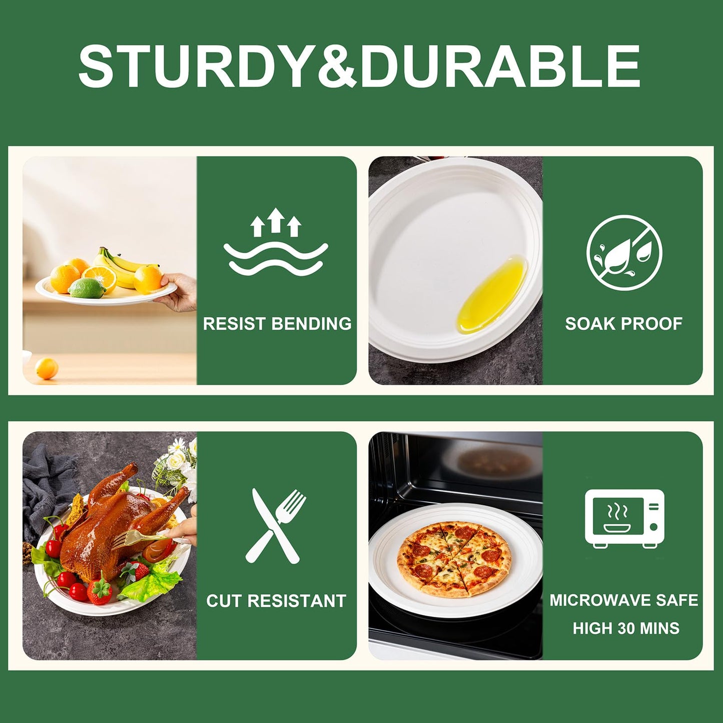 DaYammi 100% Compostable Oval Paper Plates 12 Inch, 125-Pack Heavy Duty Paper Plates Bulk,Biodegradable Bagasse,Eco-Friendly Disposable Dinner Plate for BBQ,Picnic,Party (BPI Certified,Microwaveable)