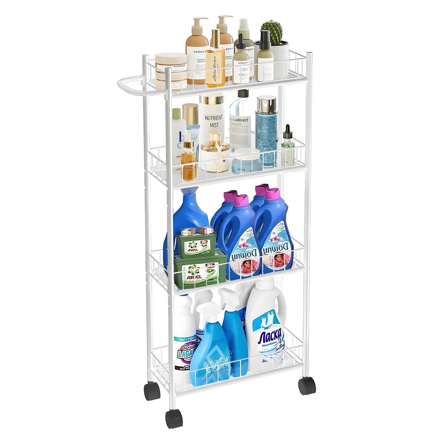 Utility Slim Storage Cart, 4-Tier Storage Cart, Narrow Cart with Handle, 7.1 Inches Deep, Metal Frame, for Kitchen, Dining Room, Living Room, Home Office, Rustic Brown and Classic (4 Tier White)