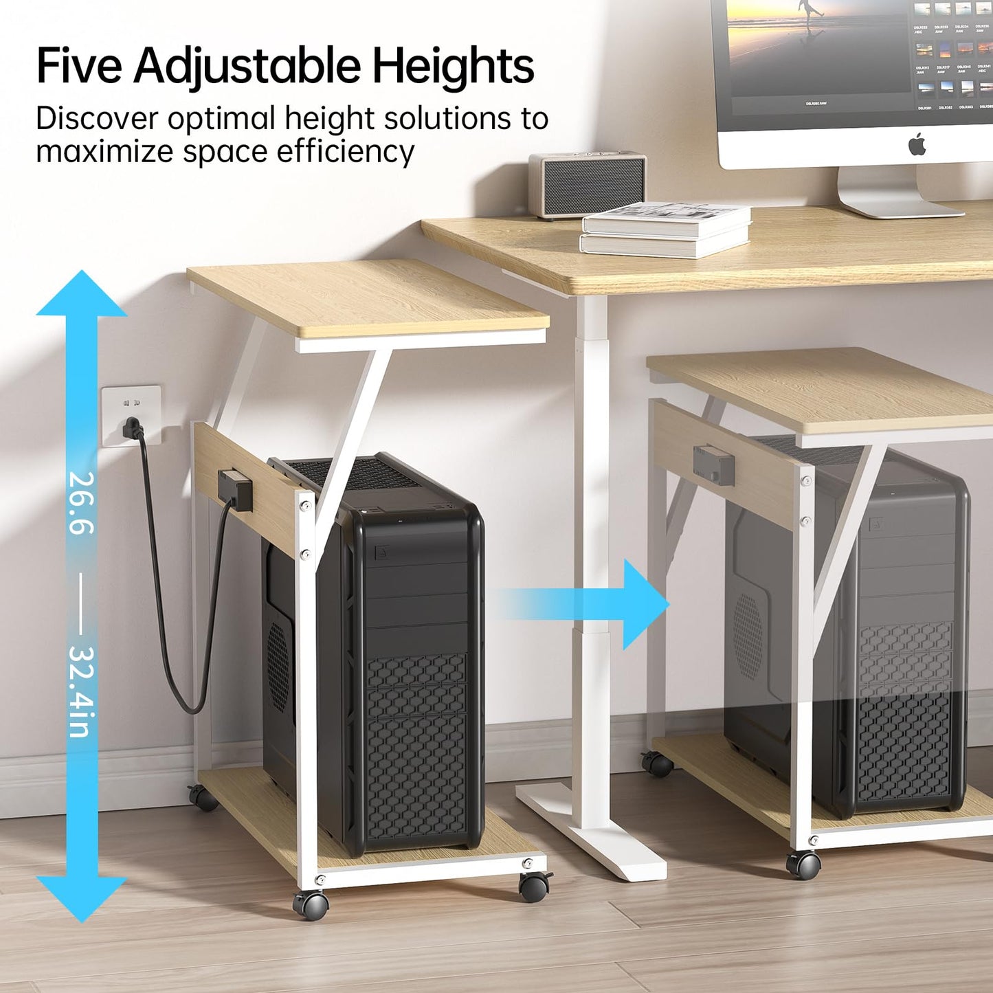 FANXIYQ Computer Tower Stand with 360° Locking Casters, 5 Height Adjustable Mobile CPU Cart, Under Desk PC Holder for Gaming Desktop, Home Office Organization, White