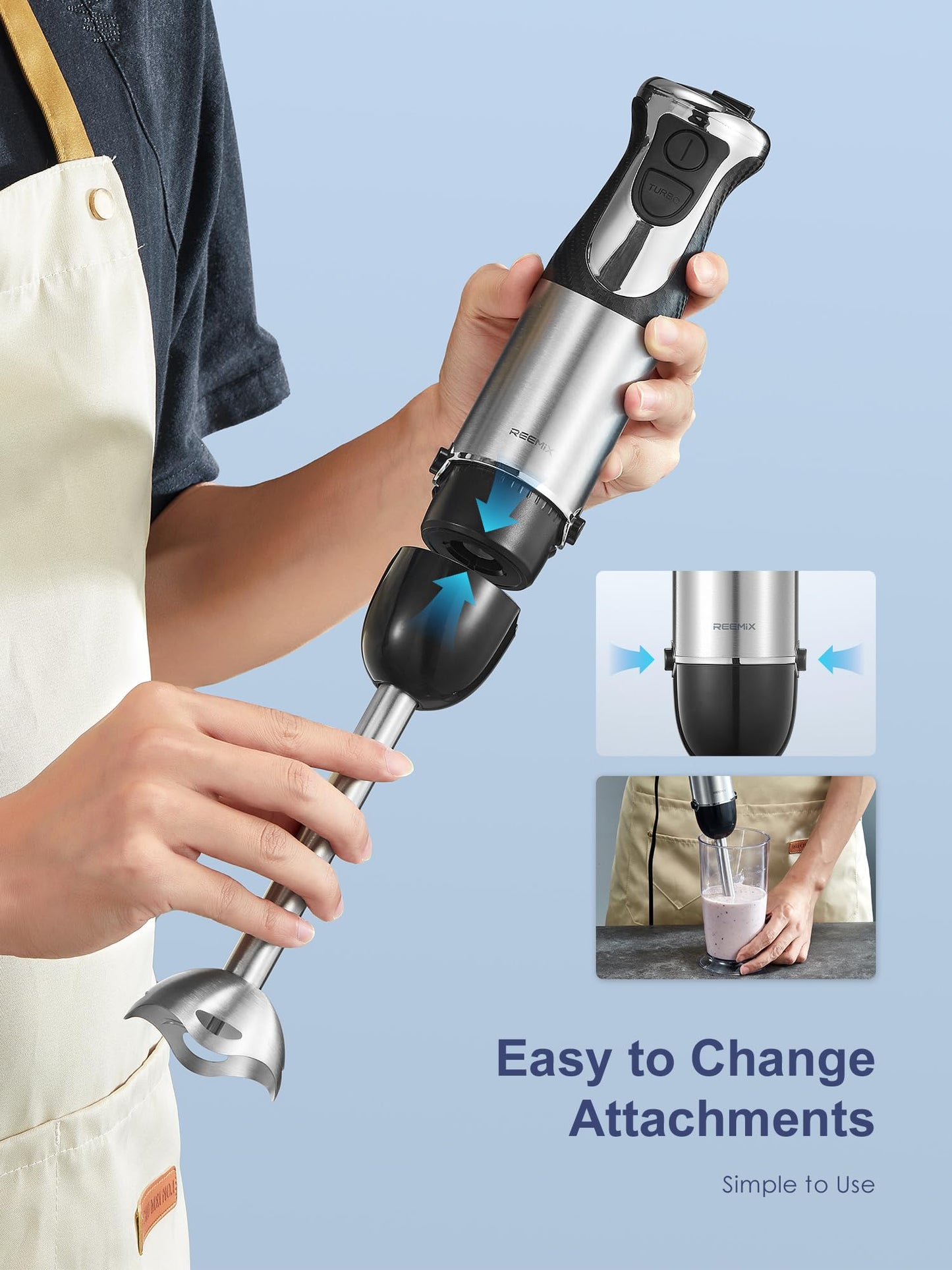 Reemix Immersion Blender, 5 in 1 Hand Blenders, 1000W Copper Motor Handheld Blender with Frother, Whisk, Beaker, Chopper Attachements, Stainless Steel Blades, Black