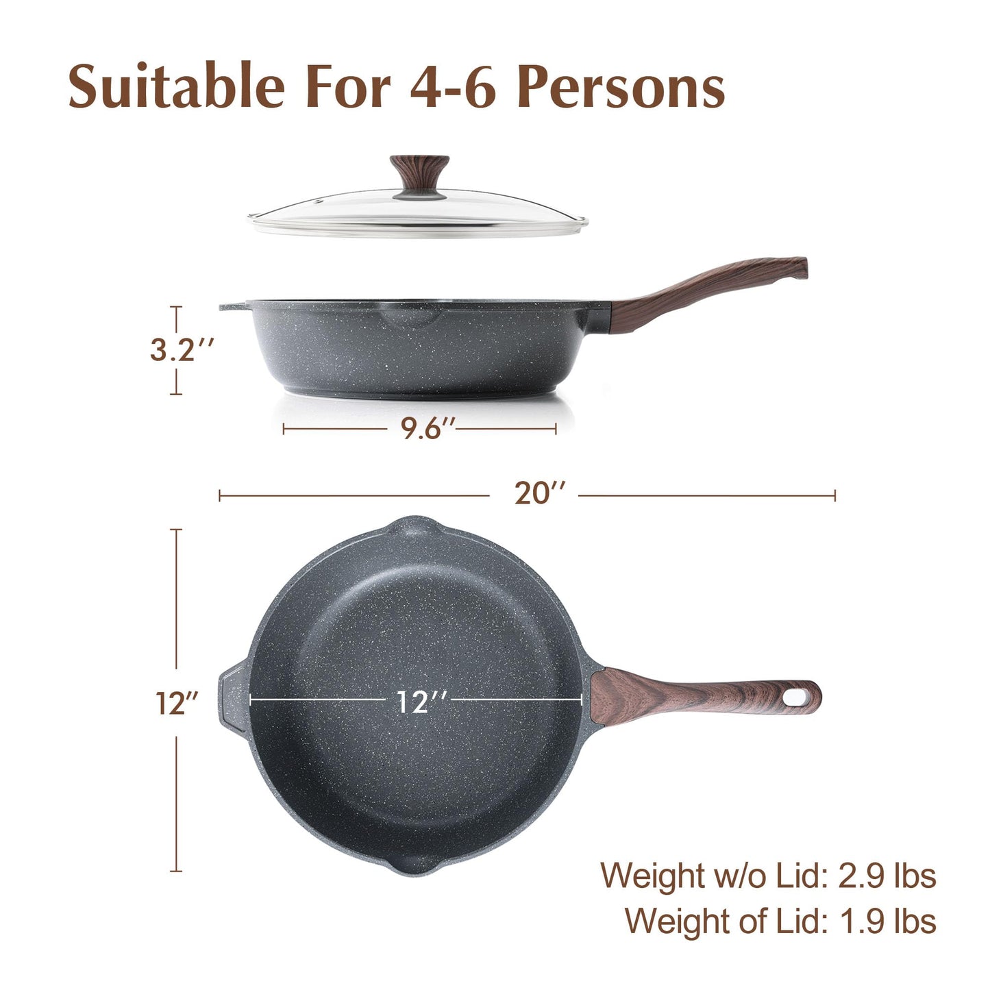 SENSARTE Nonstick Deep Frying Pan Skillet, 12-inch Saute Pan with Lid, Stay-cool Handle, Chef Pan Healthy Stone Cookware Cooking Pan, Induction Compatible, PFOA Free