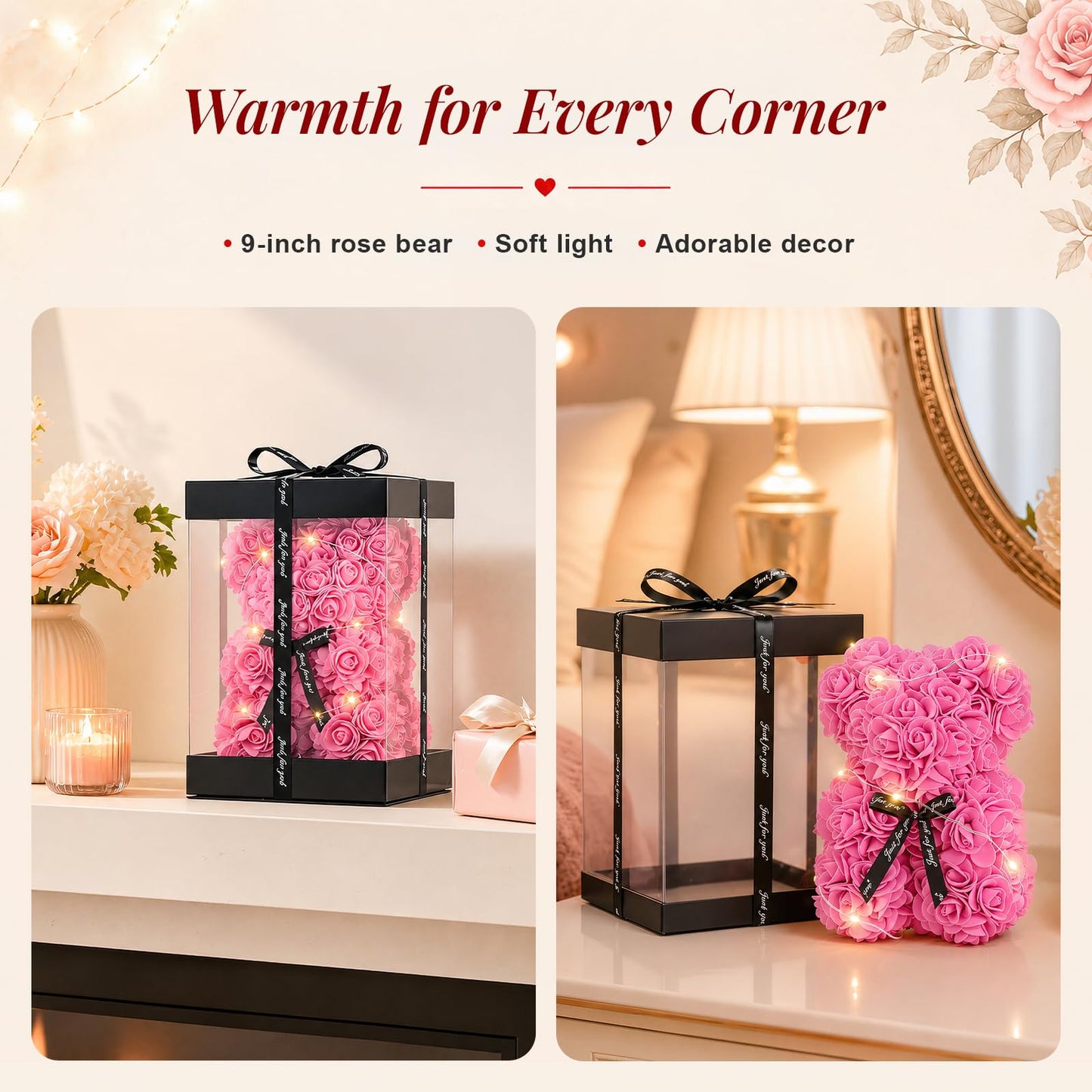 Otlonpe Preserved Artificial Roses Flowers Bear, Forever Women Gifts for Birthday Christmas Valentines Mothers Day, 9'' Pink Rose Flower Small Bear Lamp in Box, Gifts for Women Mom Grandma Daughter