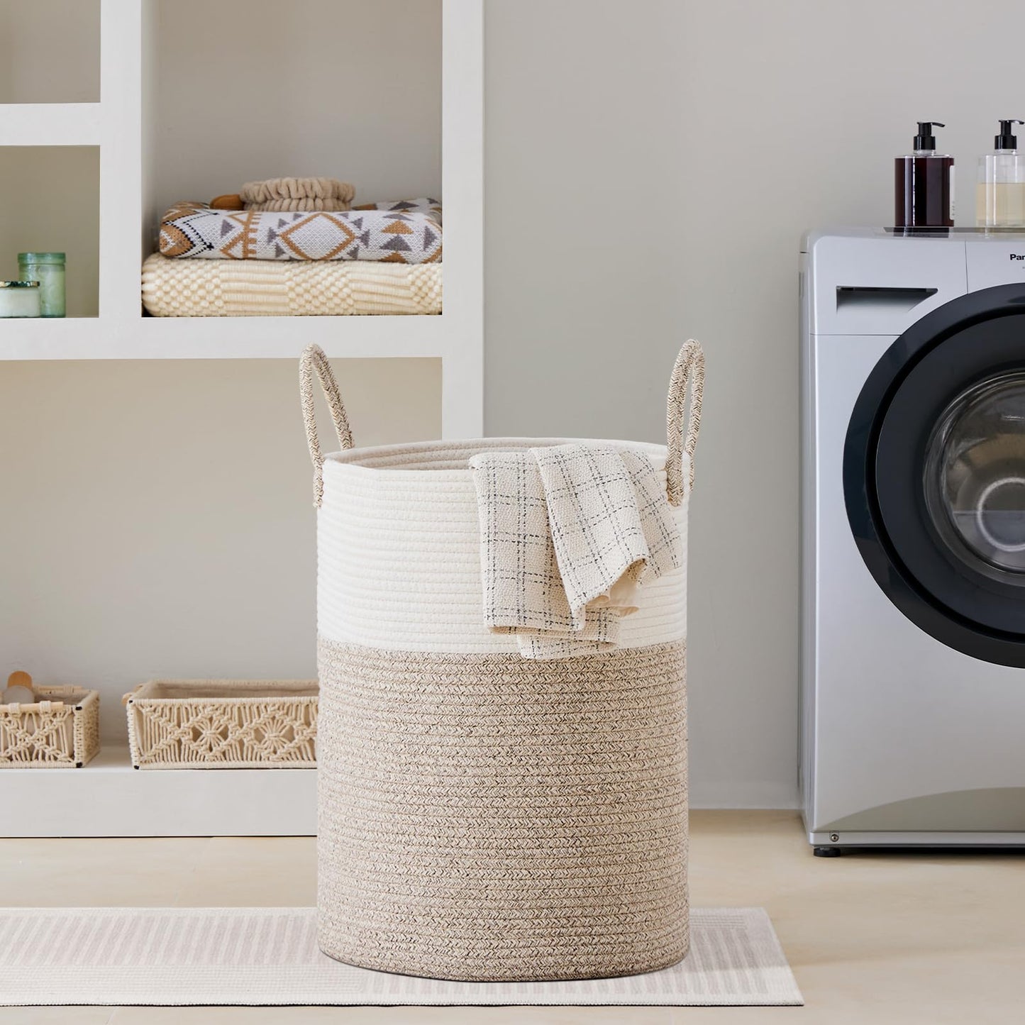 VIPOSCO Large Laundry Hamper, Tall Woven Rope Storage Basket for Blanket, Toys, Dirty Clothes in Living Room, Bathroom, Bedroom - 100L White & Brown