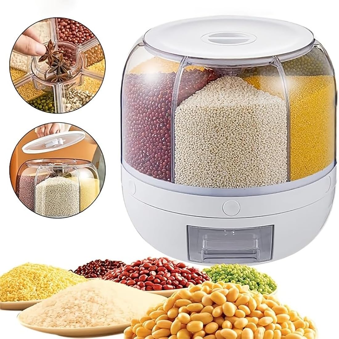 Wnnideo Rotating Grain Storage Bin 6 Grids Rice Container One-Click Output Large Capacity Food Dispenser For Rice Grains Sealed Moisture Proof Organizer (Large)