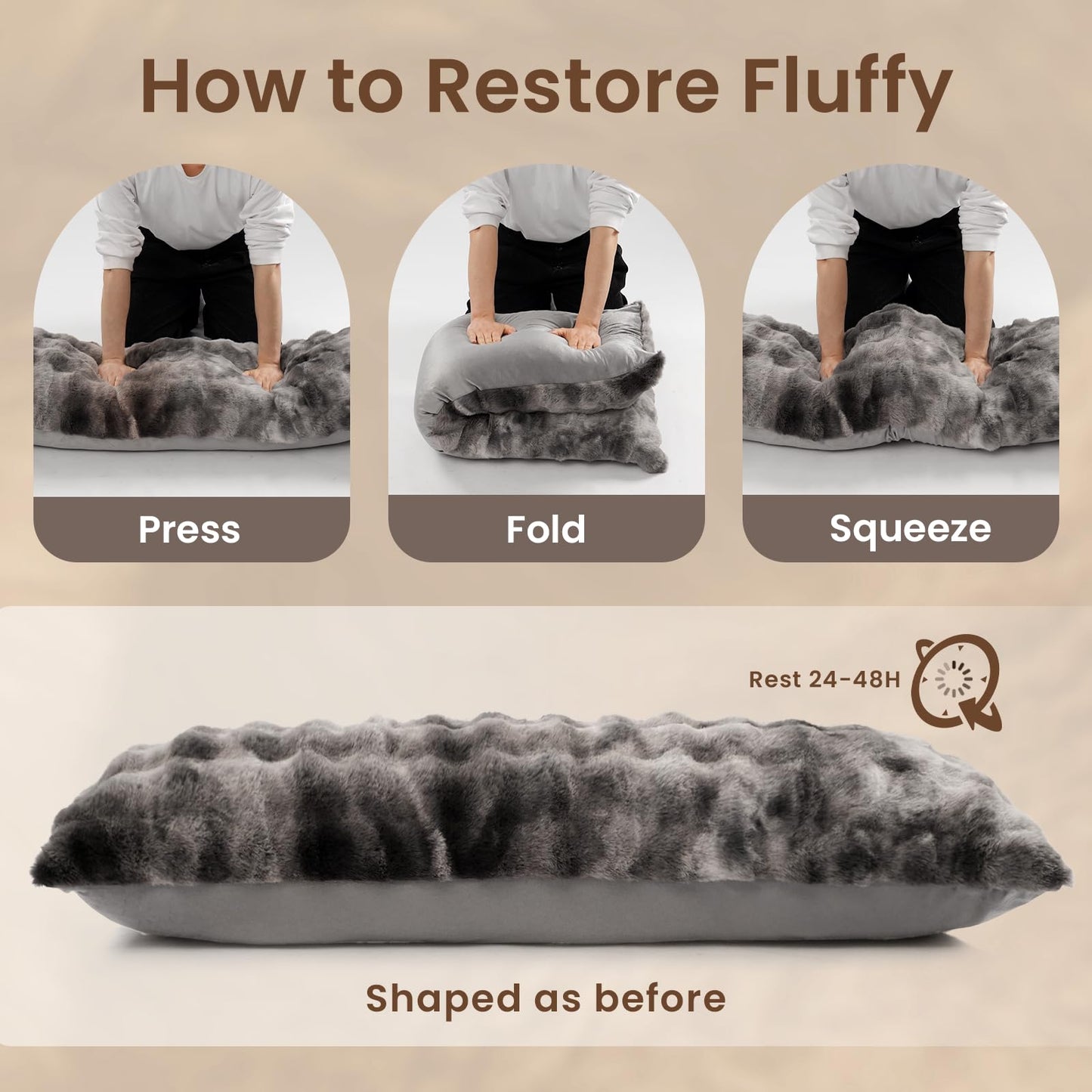 ZonLi Fluffy Body Pillow for Adults, Fuzzy Faux Fur Body Pillow with Shredded Memory Foam, Adjustable Support for Side Sleepers, Pregnancy & Bedding Decor, Gifts, 20 x 54 Inch, Grey