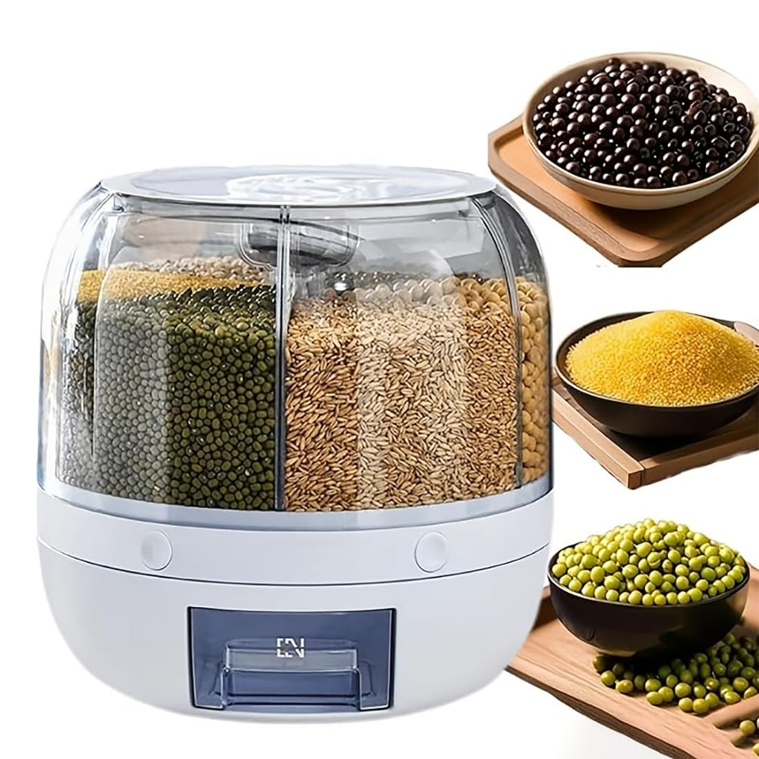 Wnnideo Rotating Grain Storage Bin 6 Grids Rice Container One-Click Output Large Capacity Food Dispenser For Rice Grains Sealed Moisture Proof Organizer (Large)