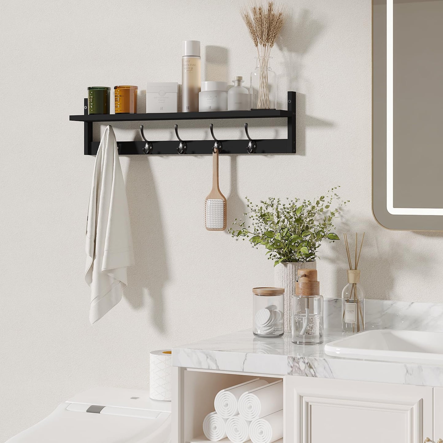 BAMEOS Wall-Mounted Shelf with Hooks - 28.9 Inch Entryway Hanging Shelf with 5 Dual Hooks for Bathroom, Living Room, Bedroom (Black)