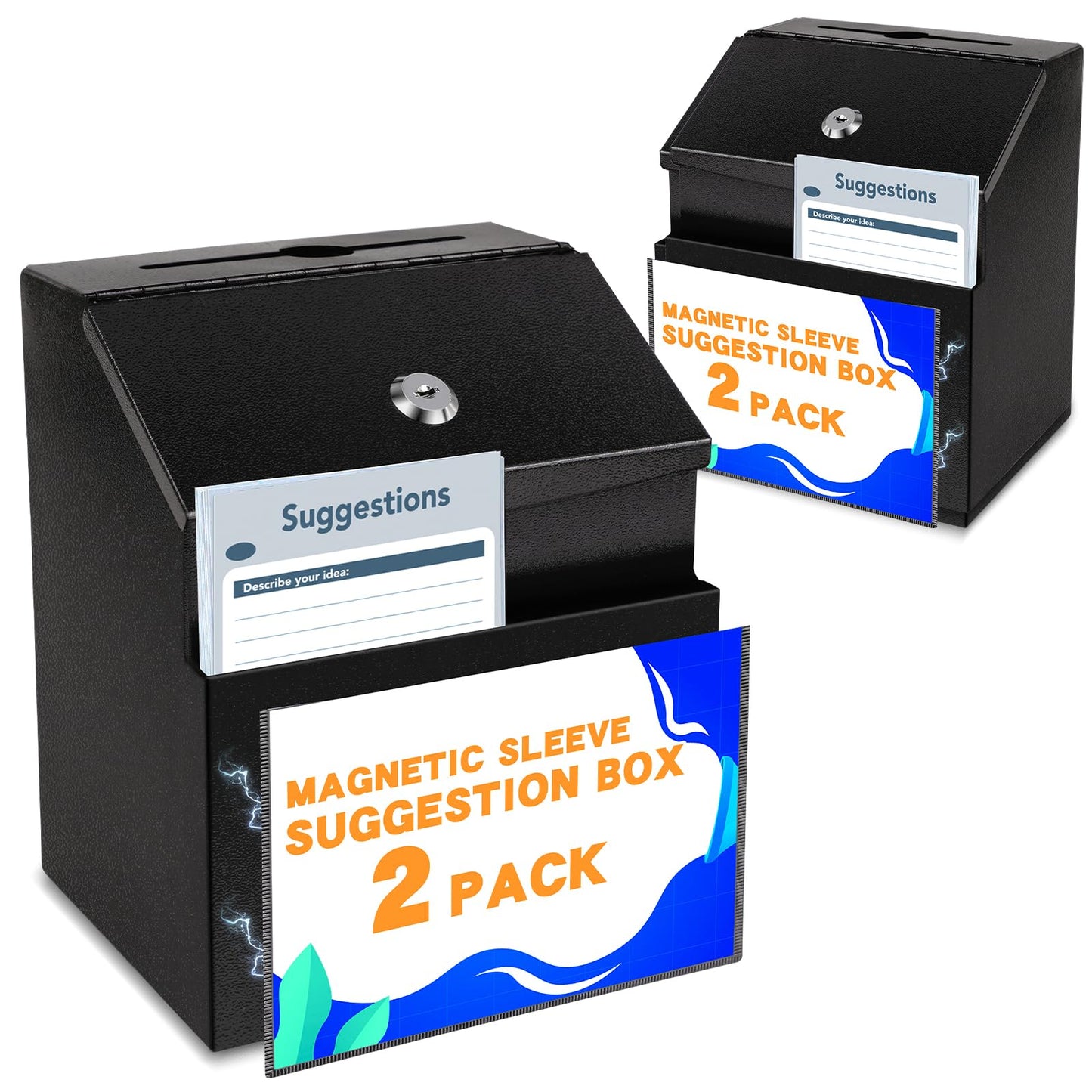LINSIRON Suggestion Box with Magnetic Sign Holder, 2 Pack Metal Wall Mounted Ballot and 50 Free Suggestion Cards,Donation Boxes for Fundraising with 2 Keys 8.4 x 5.8 x 7.0 inch,Black