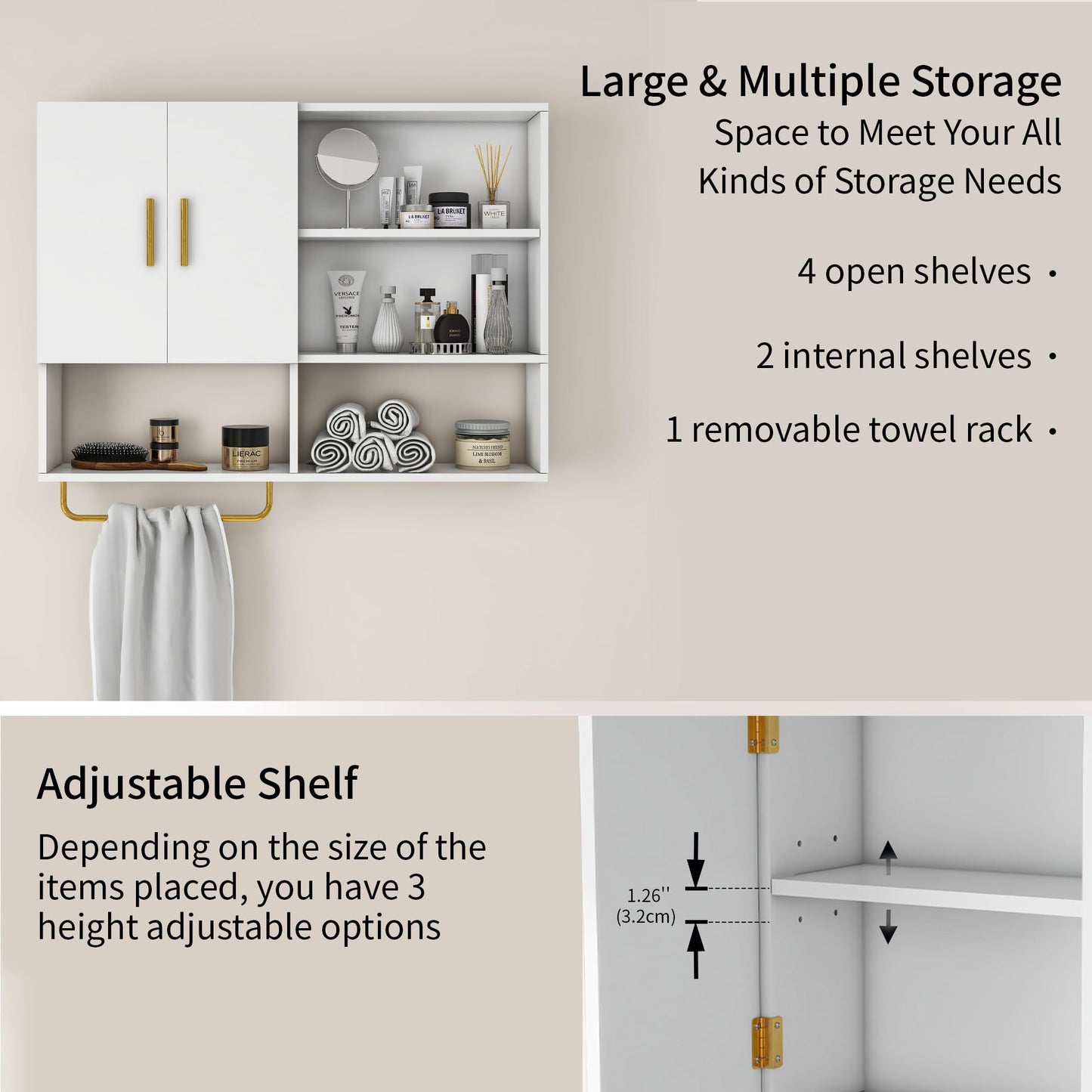 Tltaroni Bathroom Wall Cabinet Wood Large Wall Mounted Medicine Cabinet with 2 Doors and 4 Open Shelves Over Toilet Storage Cabinet Organizer with Towel Bar,White