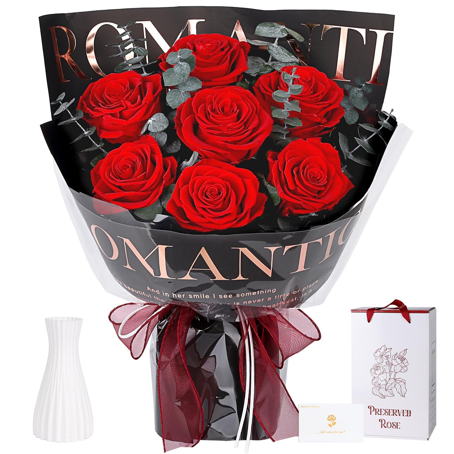 Preserved Flowers Bouquet 7 Roses - Red Real Rose & Flowers for Delivery, Eternal Roses Bouquet with Gift Box, Mothers Day Gifts for Mom Grandma Wife, Anniversary Birthday Gifts for Women, Black