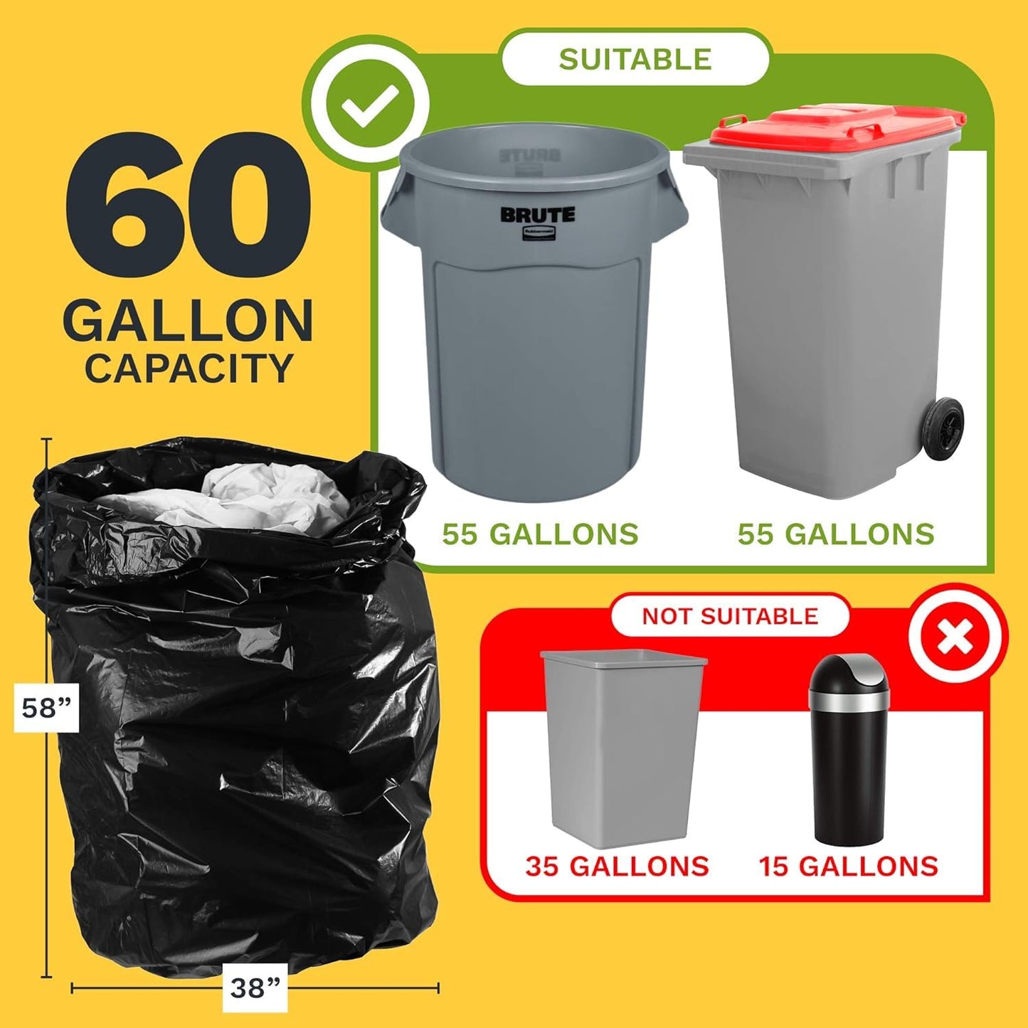 ToughBag 55-60 Gallon Trash Bags (100 Count) (Black, 58'x38')