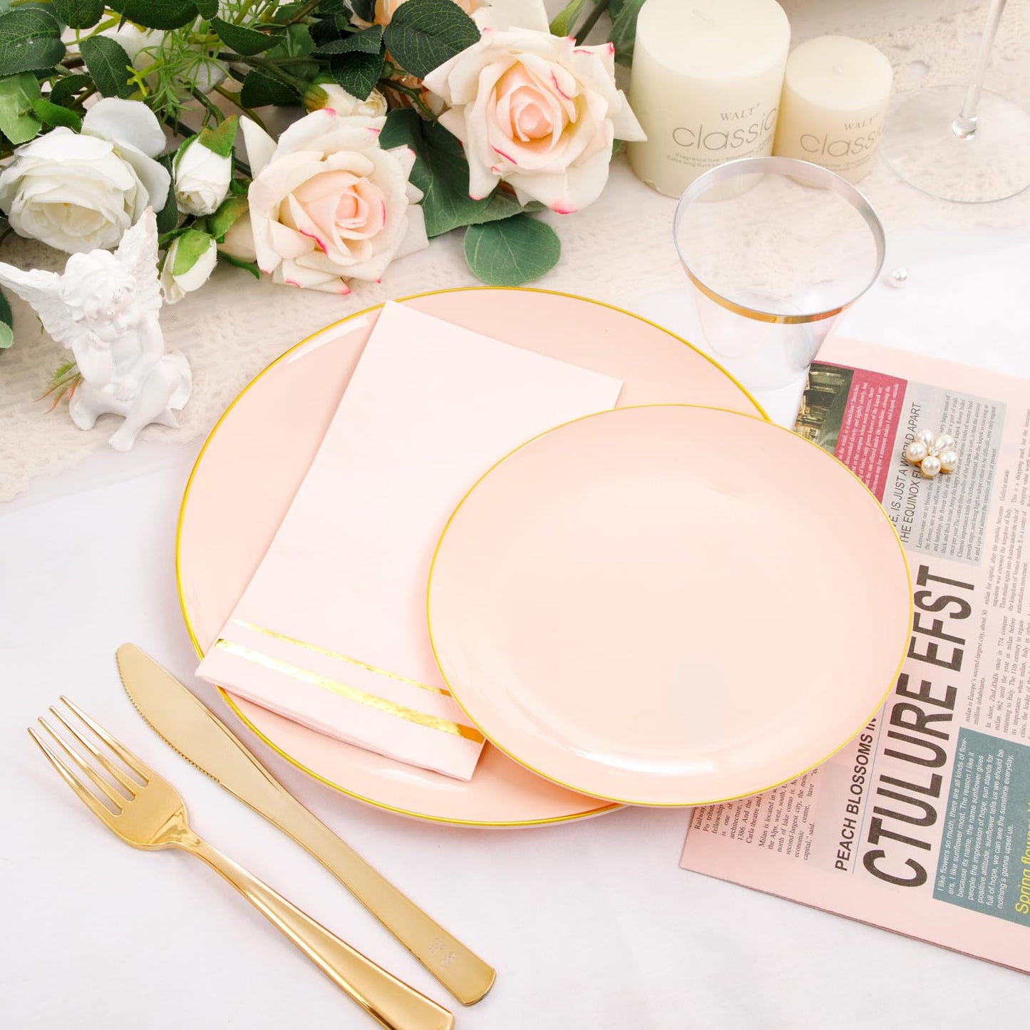 NOCCUR 350PCS Pink Plates Disposable - Pink Gold Plastic Dinnerware Set for 50 Guests Include 100 Dinner/Dessert Plates,150 Cutlery,50 Cups&50 Napkins - Ideal for Party/Wedding/Mother's Day