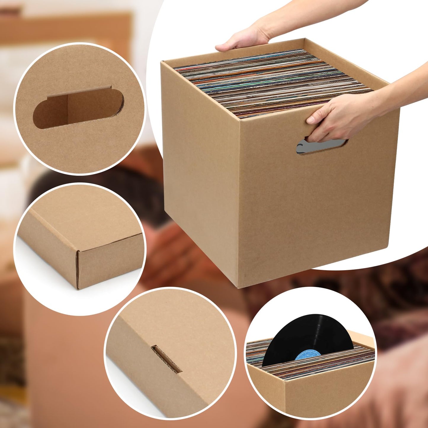 DIICCYO 5 Pcs 12'' Cardboard Vinyl Record Storage Box, Moving Box with Double Thickness Handles and Lids Record Album Storage Crate, Cardboard Crate for Album Vinyl Storage