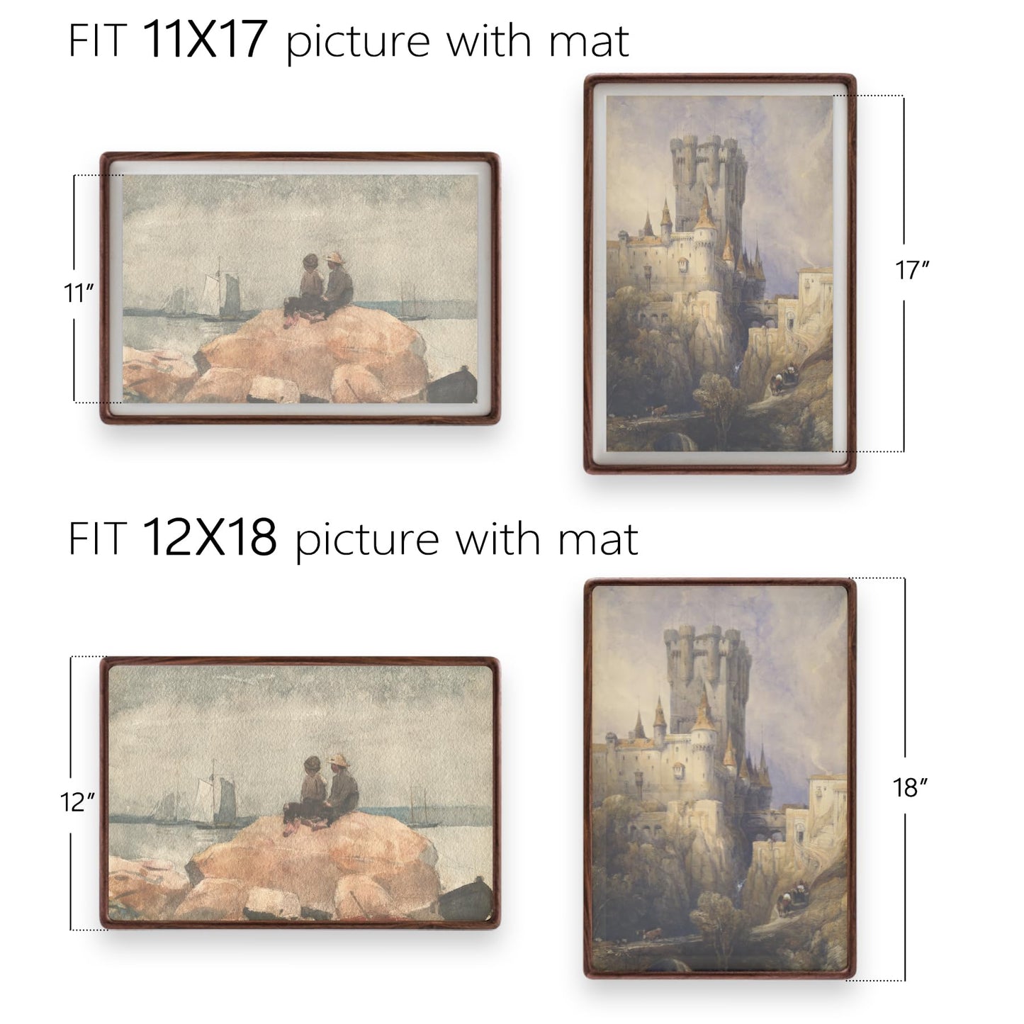 Husteria 12x18 Frame, Solid Walnut Wood Poster Frame with Mat for 11x17 or 12x18 without Mat, Rounded Corner Walnut Wooden Frame, Gallery Wall Frames for Art, Horizontal or Vertical Wall Mounting