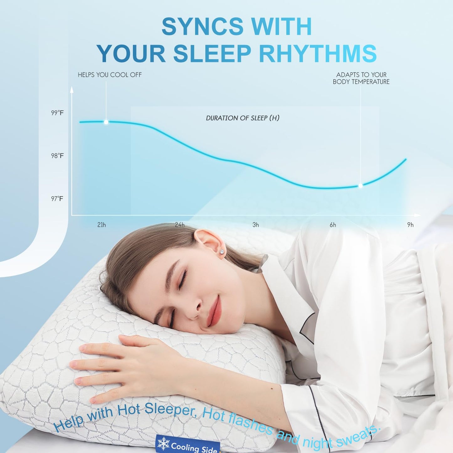 QUTOOL Cooling Pillow for Sleeping, CertiPUR-US Shredded Memory Foam Standard Pillow Set of 1, Cool Pillow for Hot Sleepers Adjustable Firm Pillow for Side,Back,Stomach Sleepers Soft Yet Support,White