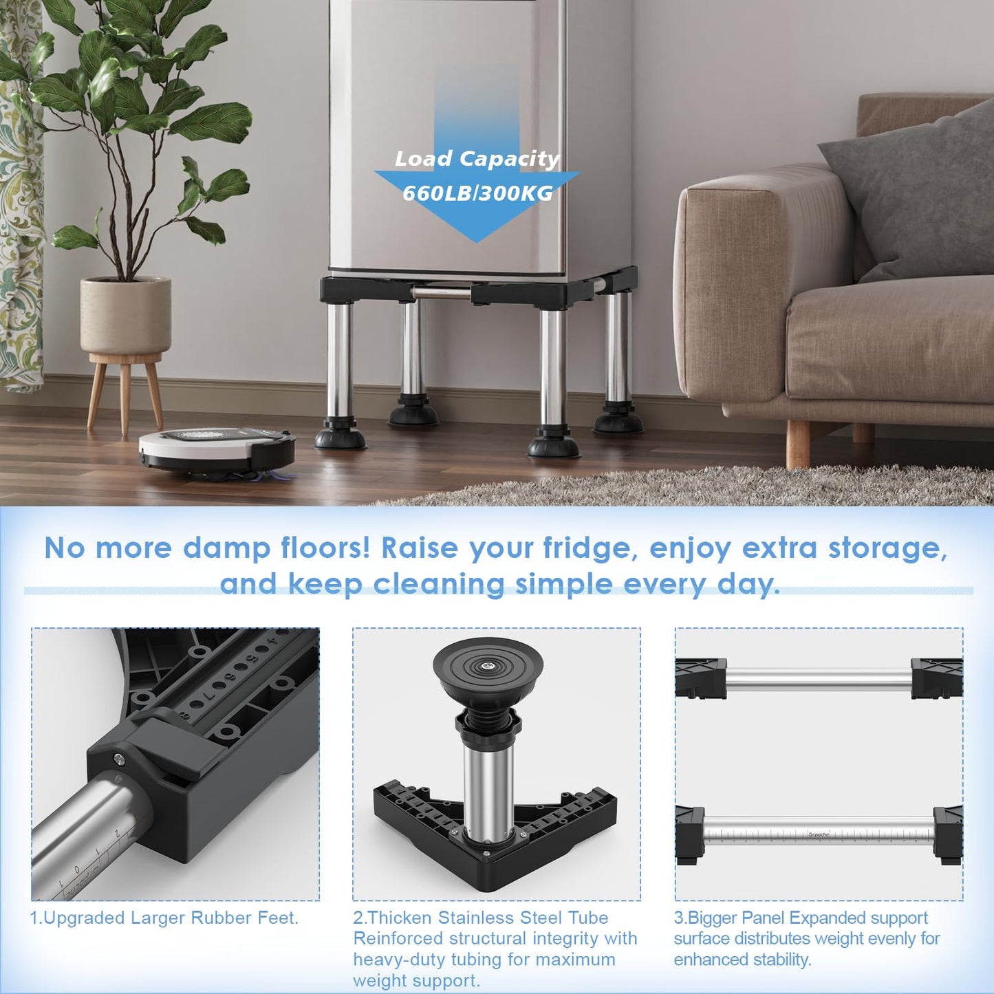 Mini Fridge Stand Height 11.8"-13" Adjustable Refrigerator Washing Machine Stand Base with 4 Strong Feet Heavy Duty Portable Washer Dryer Stand Laundry Pedestal Universal Platform Load 660LB-Black