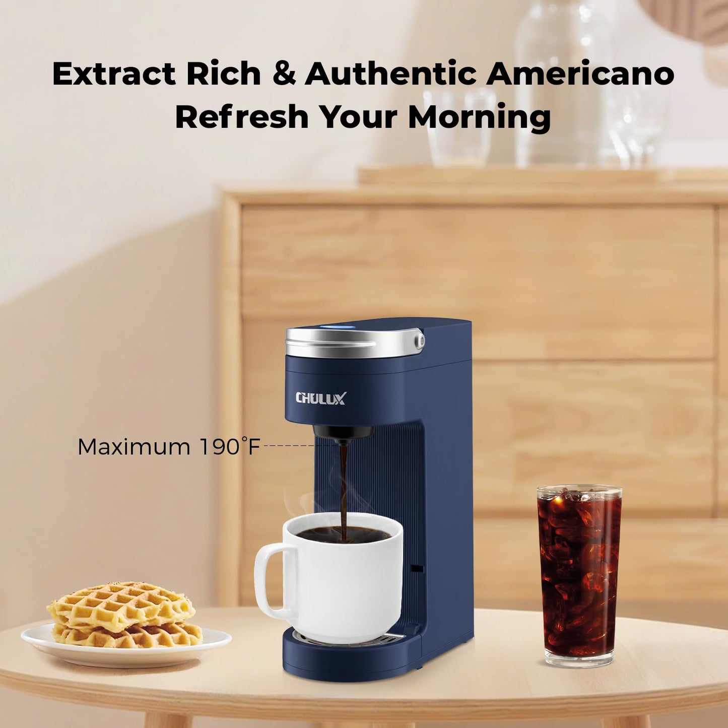 CHULUX Single Serve Coffee Maker for K Cups, One Cup Coffee Machine for Travel Mug, Fast Brewing, Auto Off, Matte Navy