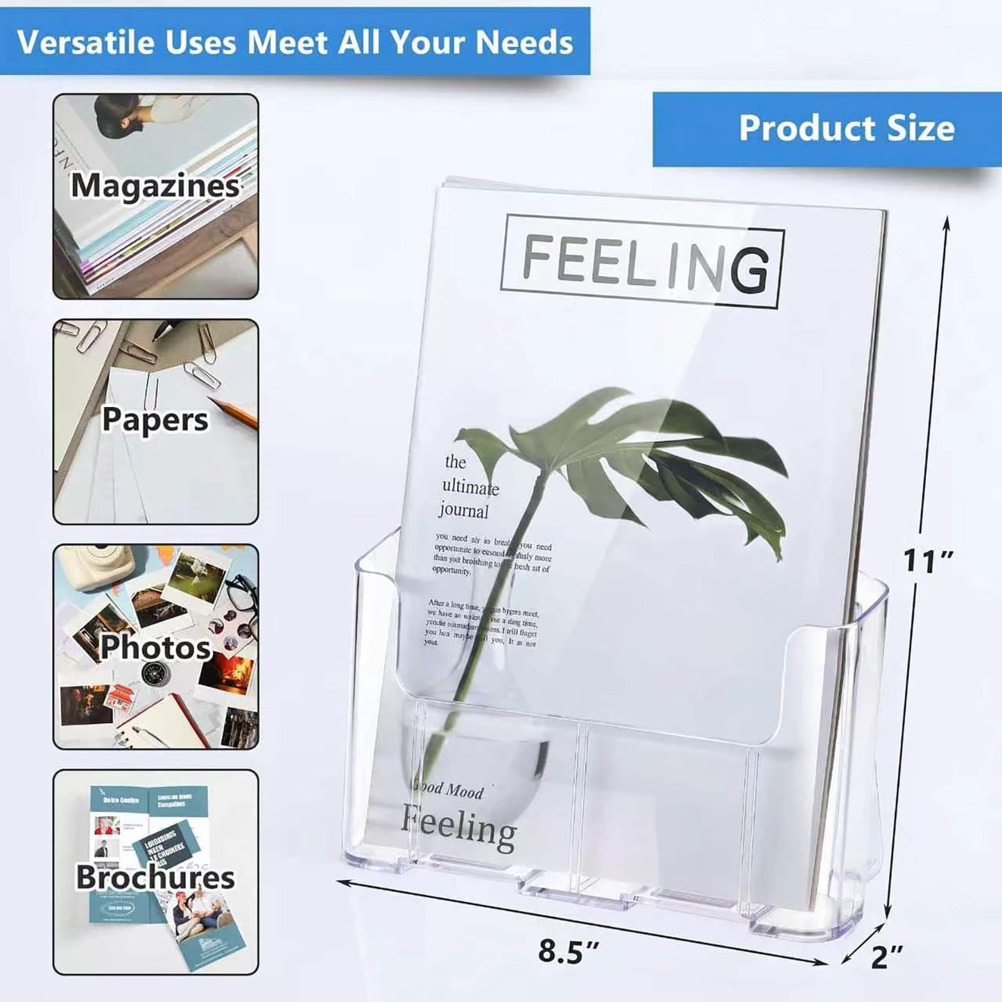 Argvey Acrylic Brochure Holder 8.5 x 11 inches, 4 Pack Clear Brochure Display Stand with Removable Divider for Trifold 4 Inches Wide Pamphlet, Plastic Flyer Holder for Magazine, Literature, Booklet